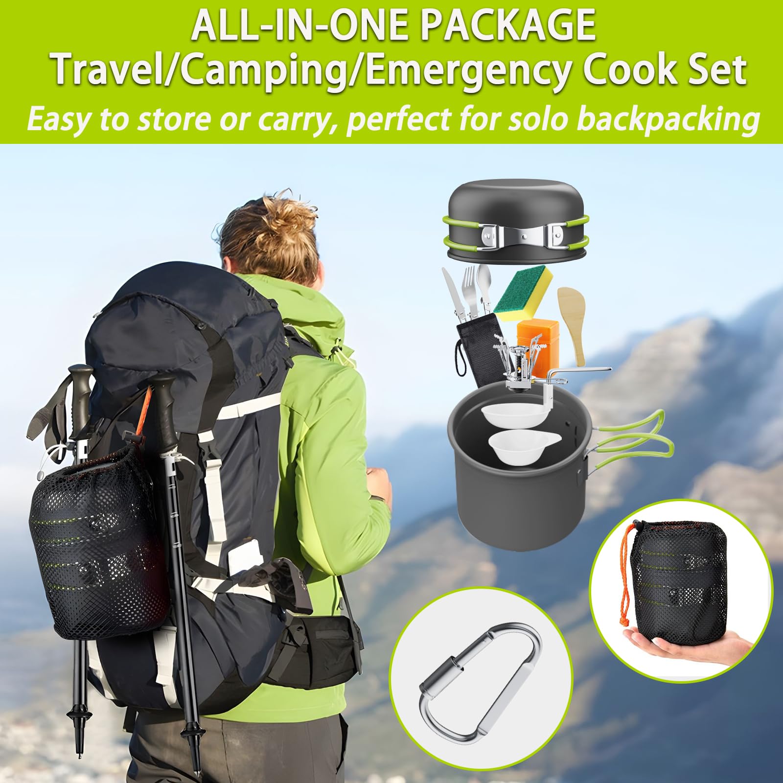 Set Da Campeggio 16 Pezzi - Pentole In Alluminio, Posate Pieghevoli E Fornellino Per Outdoor, Picnic E BBQ - Foto 4