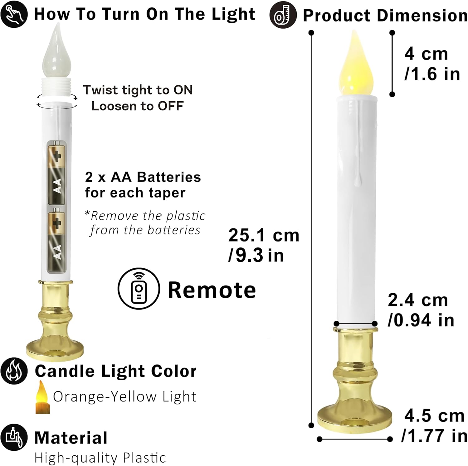 Flameless Candles Christmas Window Candles - 9.3in Flameless Taper Candles with Suction Cups Flickering Timer for Halloween Christmas Wedding Home Decor Candlesticks Fireplace (6pcs-Gold)