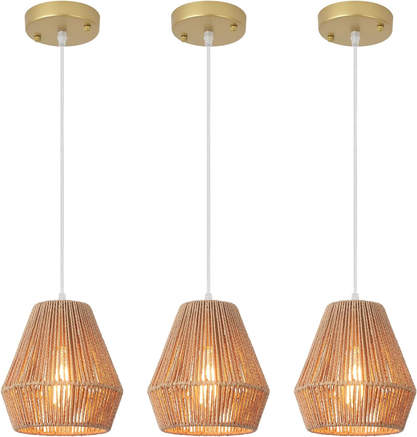 3 Pack 7'' Wicker Pendant Lights, Boho Hanging Lights with Hand Woven Rattan Shade, Rustic Farmhouse Pendant Lights for Kitchen Island Bedroom Dining Room Living Room Entryway