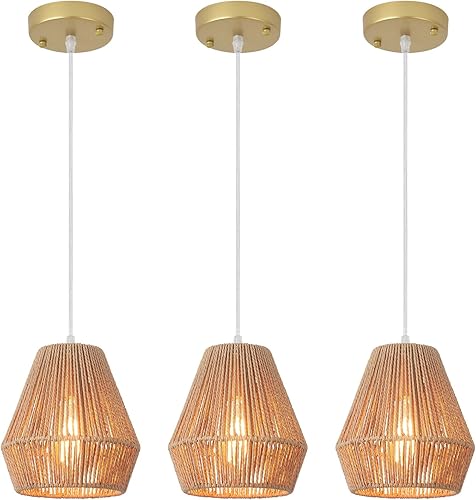 Miniatura 8 de Paquete de 3 luces colgantes de mimbre de 7 pulgadas, luces colgantes bohemias con pantalla de ratán tejida a mano, luces colgantes rústicas para