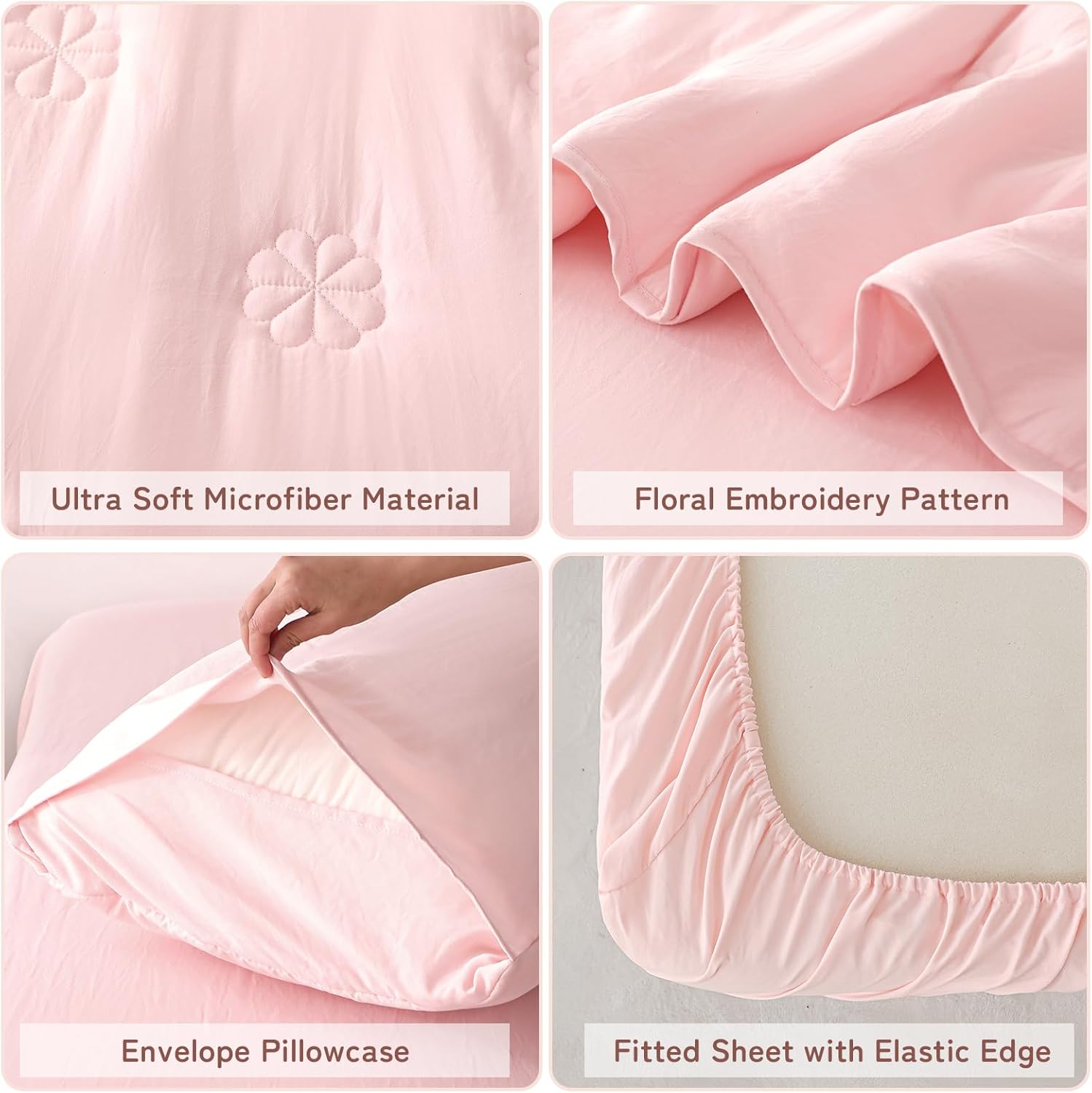 Pink Toddler Bedding Sets for Girls, 4 Piece Floral Embroidery Toddler Bed-in-a-Bag Includes Reversible Comforter, Flat Sheet, Fitted Sheet and Envelope Pillowcase | Soft Microfiber, Embroidery Quilted, Skin-friendly, Machine Washable, Good Workmanship, Gift Choice