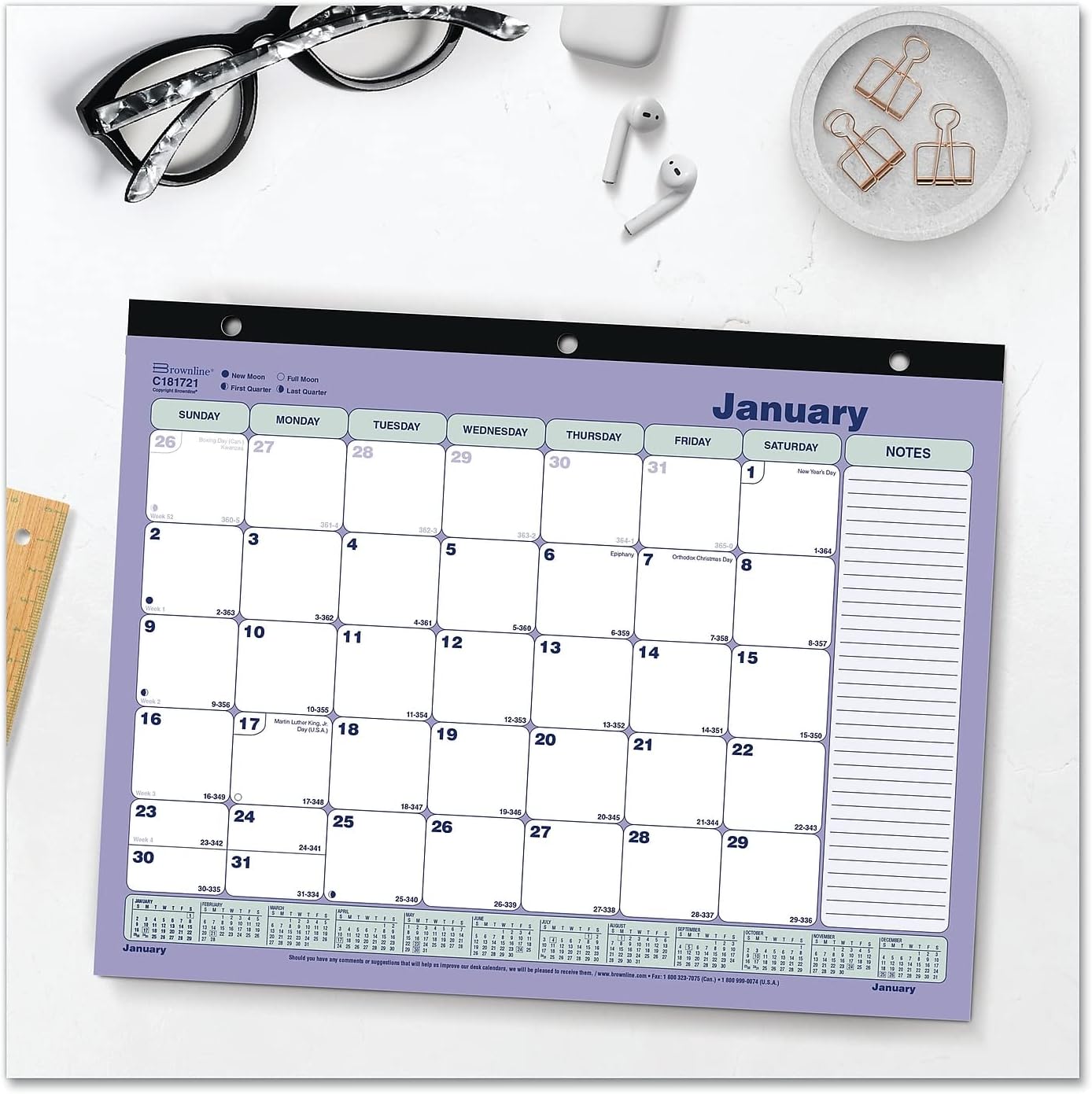 Brownline Monthly Desk Pad Calendar, 11 x 8.5, White/Blue/Green Sheets, Black Binding, 12-Month (Jan to Dec): 2023