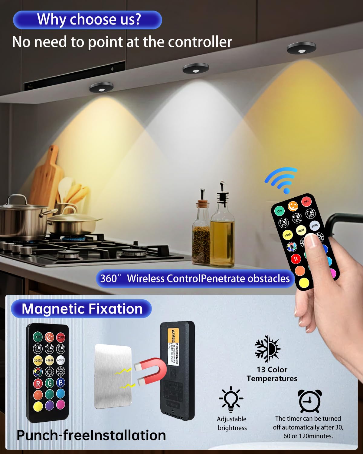 Luce a disco con telecomando, alimentata a batteria ricaricabile da 2000 mAh, autoadesiva, luce per mensole, illuminazione wireless per armadietto, colore nero, 3 pezzi