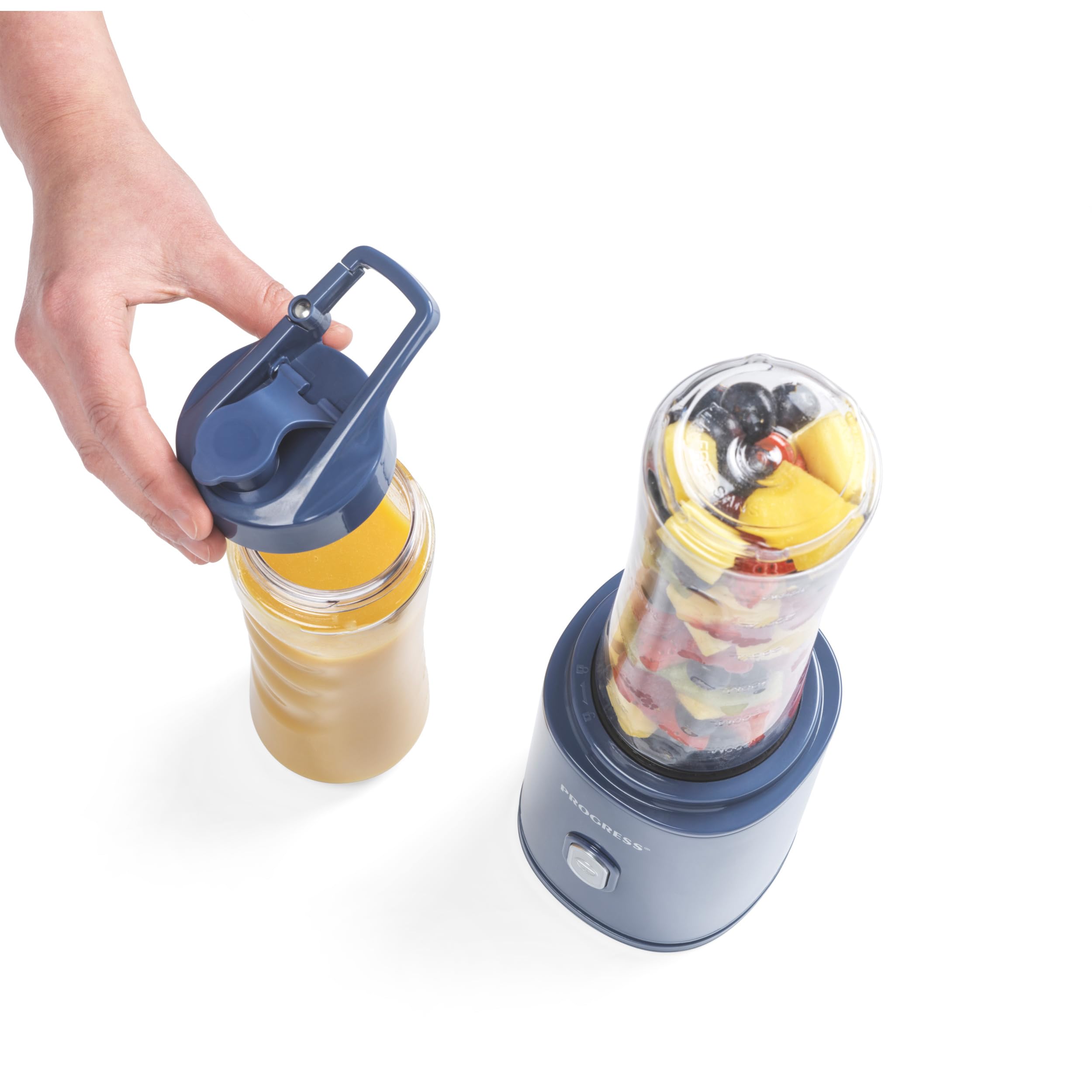Progress Smoothie To Go Frullatore 500 W con 2 bottiglie da 600 ml | Bottiglie senza BPA, coperchi bevi e chiudi, lama in acciaio inox, comando one-touch, base antiscivolo