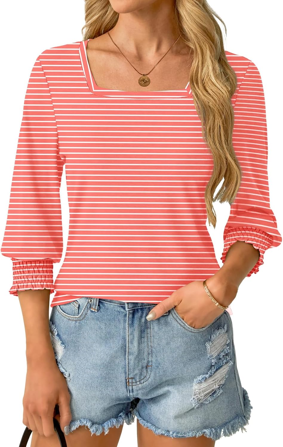 Womens 3/4 Sleeve Shirts Square Neck Dressy Casual Blouses Spring Summer Smocked Cuffs Tops - Image 5