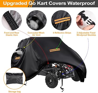 Large Go Kart Covers Waterproof,Upgraded 420D Oxford 2 Seater Gokart Cover,Go Kart Accessories with Air Vent,4 Reflective Handles,2 Windproof Buckles,for Most Go-Kart Models