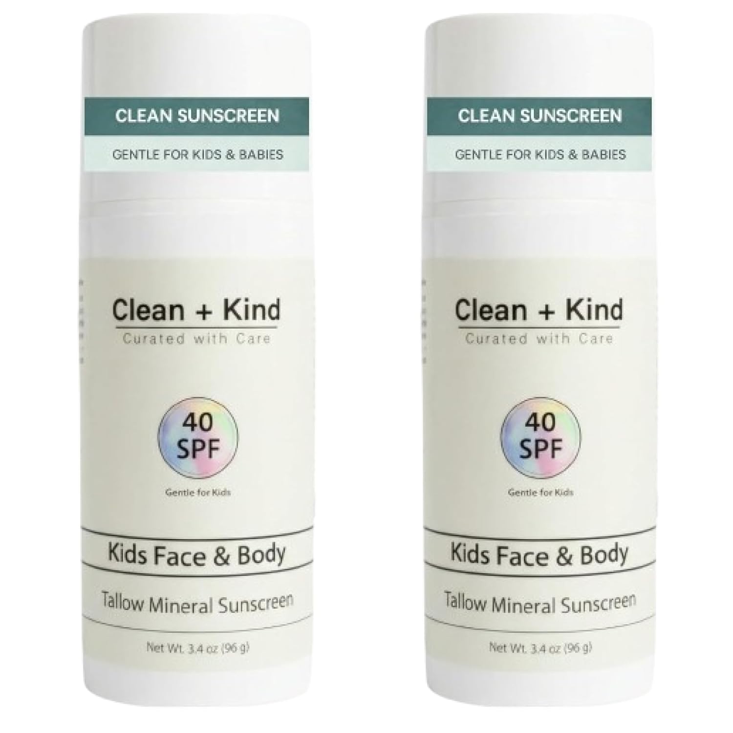 Kids Mineral Sunscreen SPF 40 – Non-Nano Zinc Oxide Sun Protection with Grass-Fed Tallow, Lightweight No White Cast, Gentle for Sensitive Skin - 3.4 oz (Pack of 2)