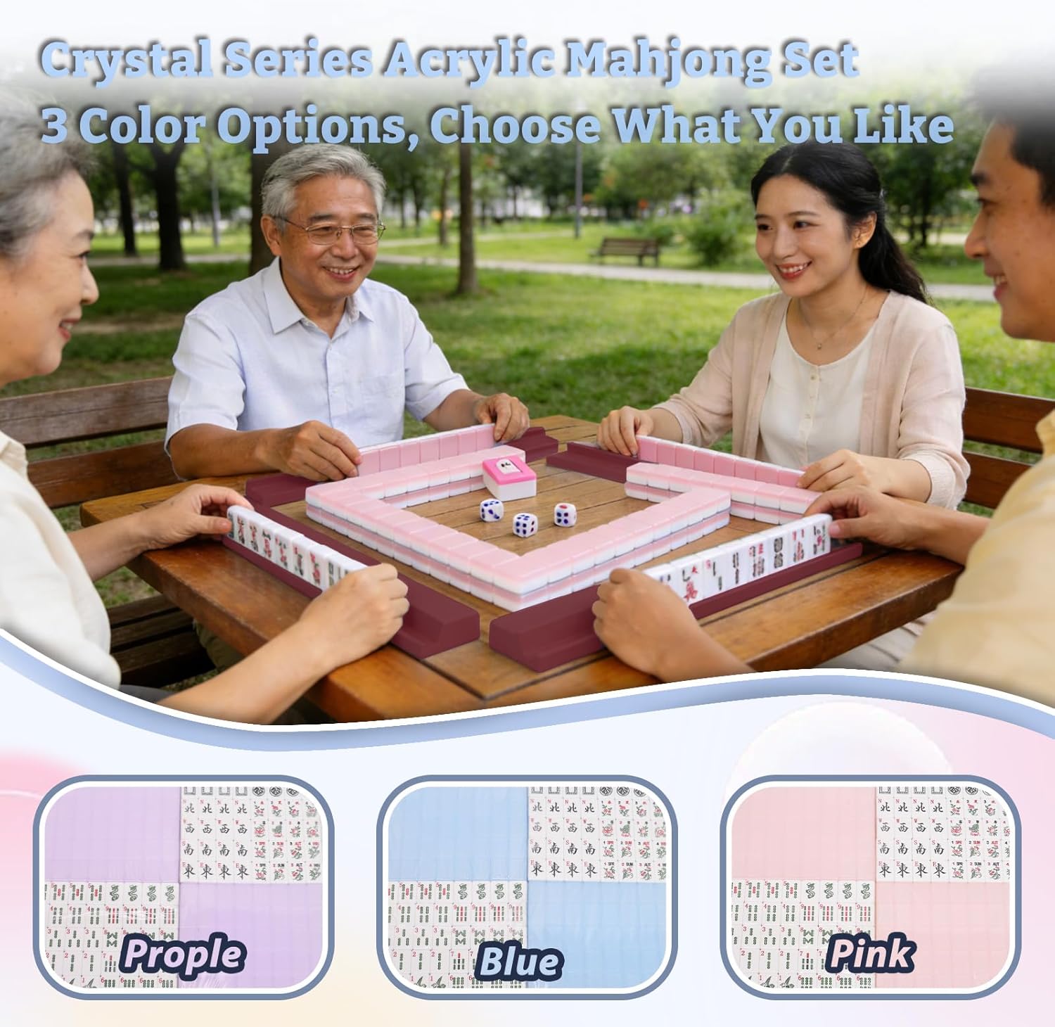 Blue-Premium American Mahjong Set 166 Acrylic Crystal Tiles with 4 Wooden Racks Dice and Gift Case Portable Game Set for Adults