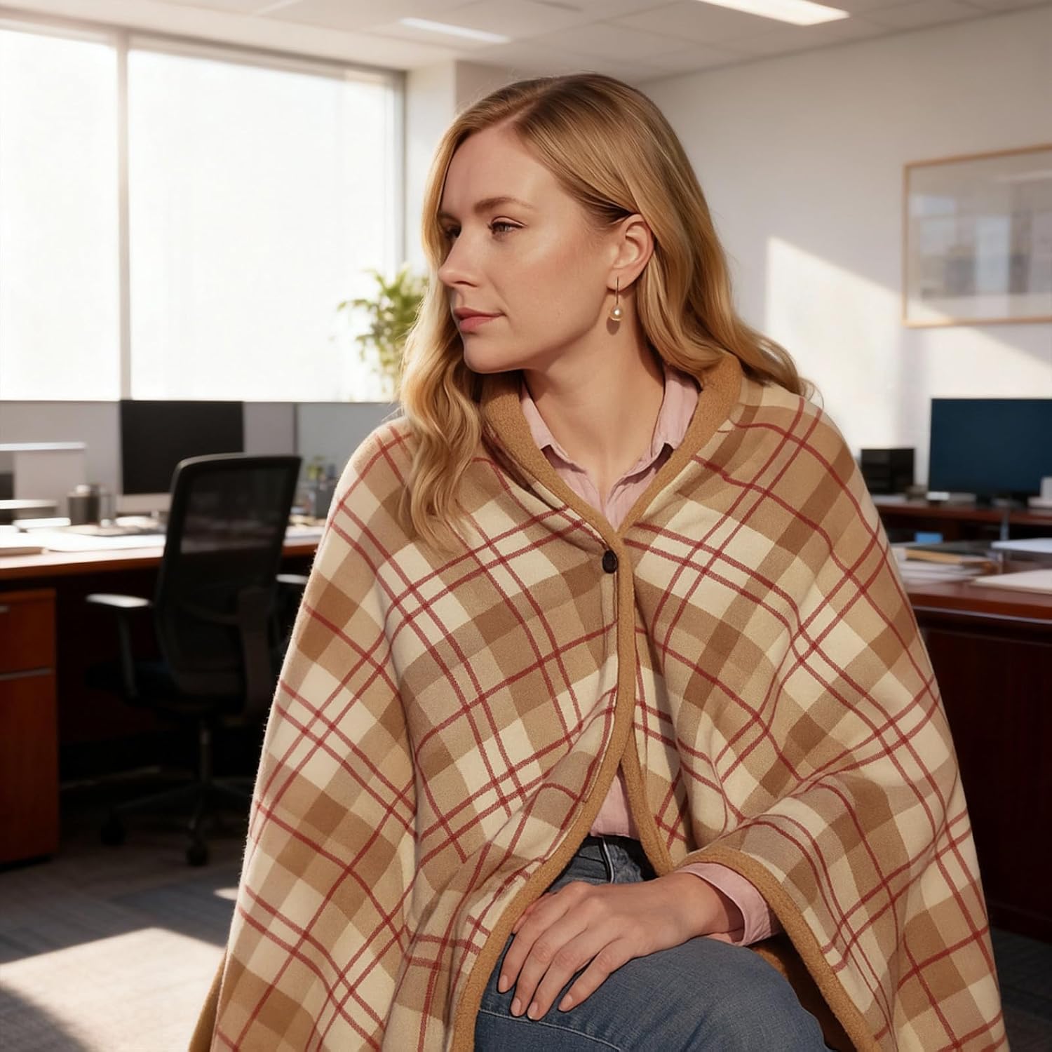 Newwiee 2 Pcs Fleece Wearable Desk Blanket for Work Chair, Plaid Lap Blanket with Buttons for Woman Travel Bed Sofa Office and Outdoor