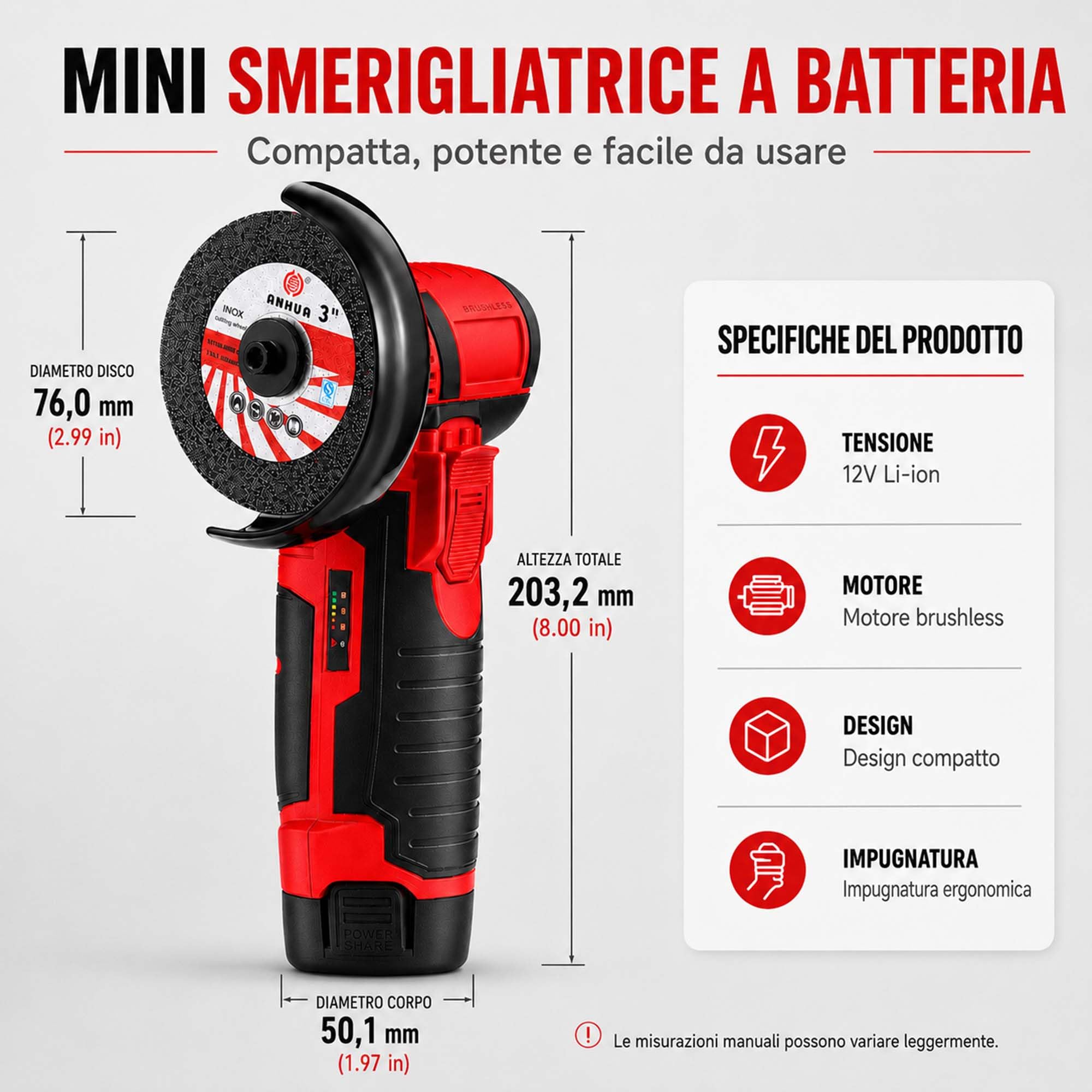 Mini smerigliatrice angolare a batteria, 12 V, 76 mm, senza spazzole, con 2 batterie da 1500 mAh e 8 dischi, 19500 giri/min, smerigliatrice elettrica multifunzione per legno e piastrelle (rosso)