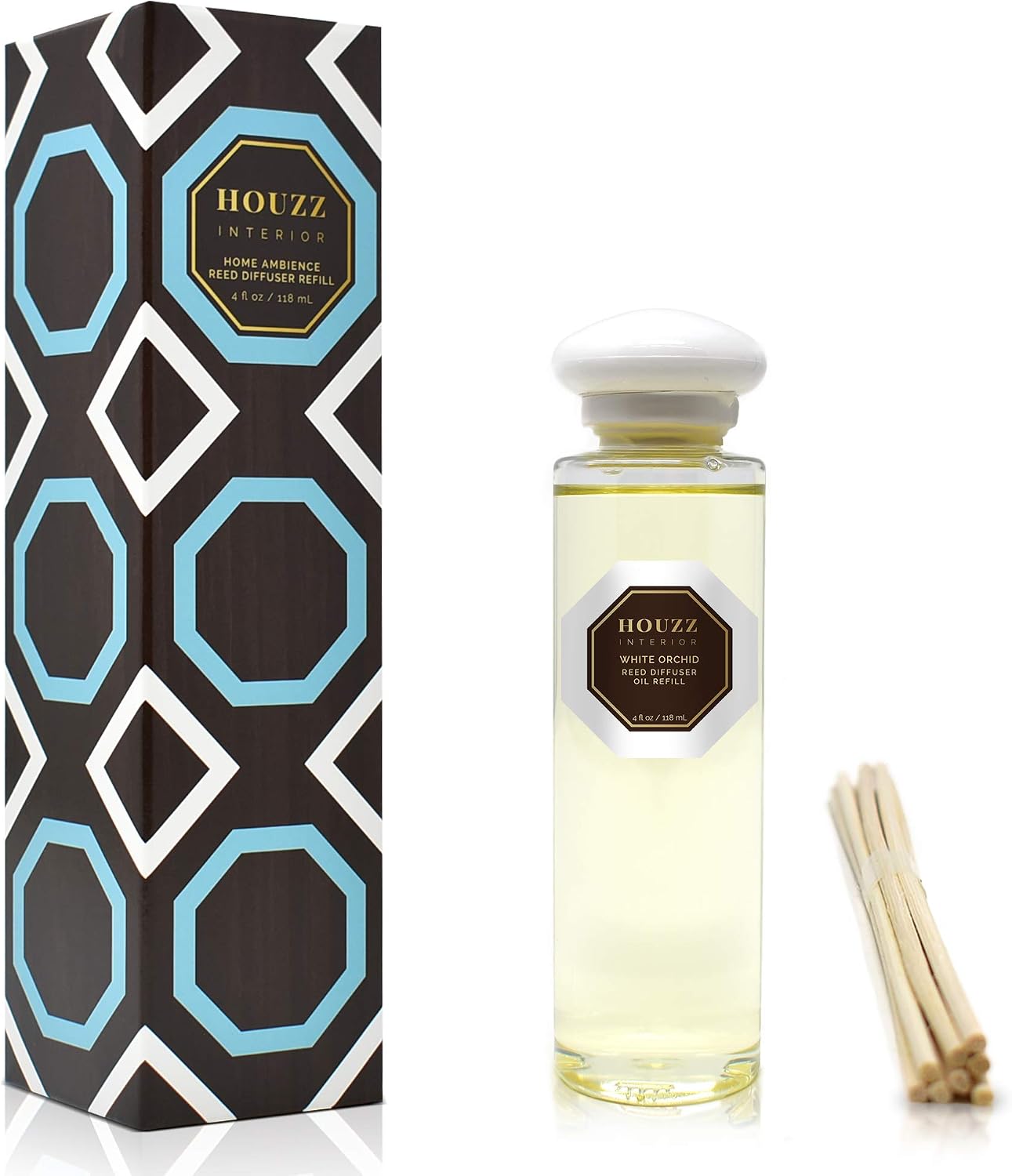 HOUZZ Interior White Orchid Reed Diffuser Refill Oil Room Scent with Reed Sticks! White Lilies & Spring Moss Fragrance Made with All Natural Essential Oils – No Sulfates or Parabens – Easy to Use