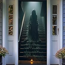 Halloween Door Backdrop Banner Stair Death Creepy Devil Go Crazy Terror Theme Scary Halloween Party Decoration Supplies for Women Men 80x35 Inch