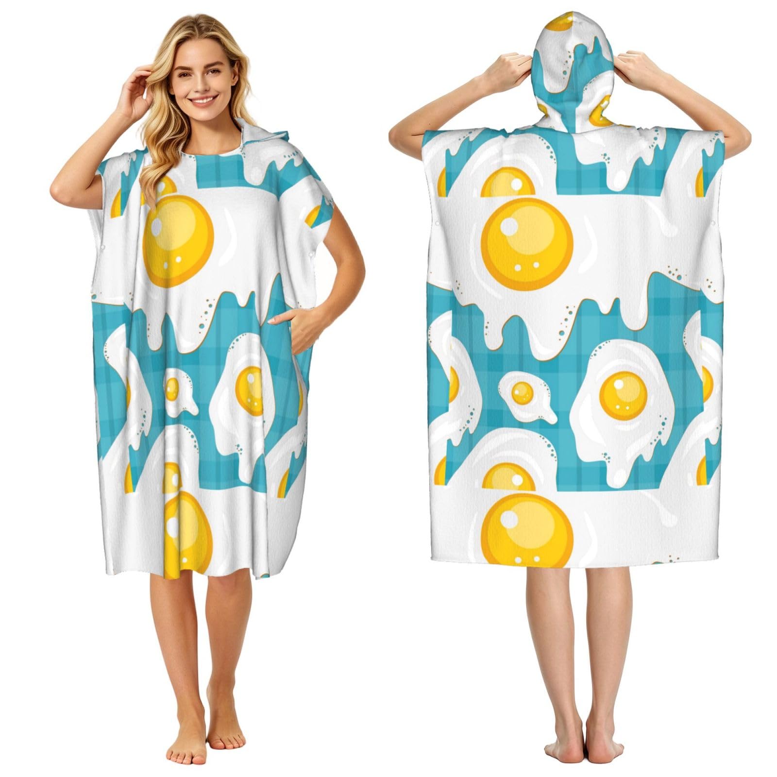 Poadnly Fried Egg Food, Adult Hooded Beach Towel 90 x 110 cm,Changing Bath Robe, Surf Poncho Towel For Women Men