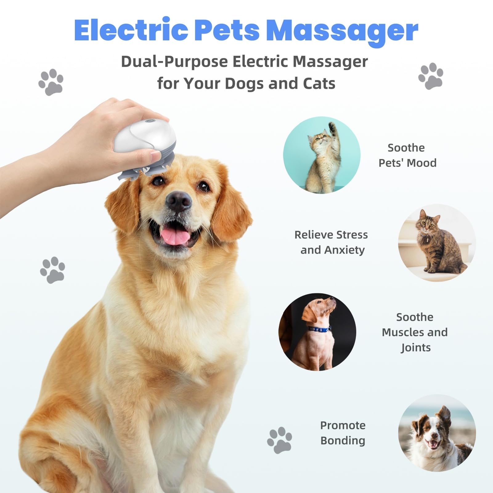 Masajeador eléctrico mejorado del cuero cabelludo para hombres y mujeres, masajeador de cabeza de perro y gato de mano con 4 cabezales de masaje, 3 velocidades, masajeador impermeable para