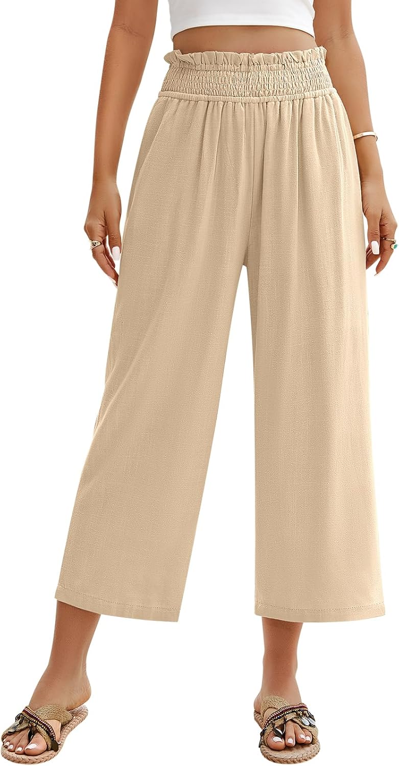 HEEKPEK Linen Capri Pants for Women Wide Leg Casual Elastic High Waist Trousers Flowy Beach Cropped Pants with Pockets