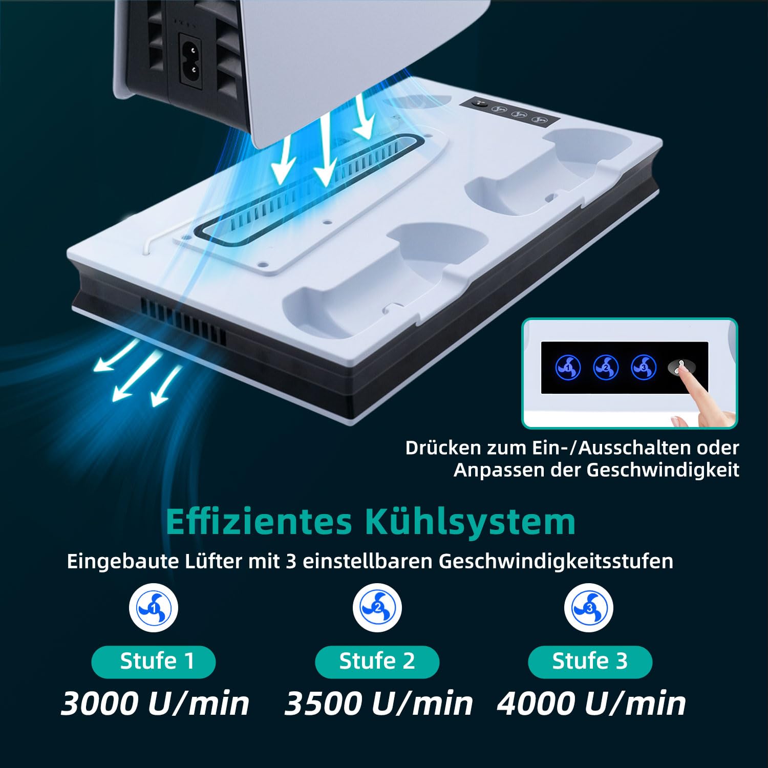 PS5/PS5 Slim/ps5 Pro Standfuß mit Lüfter - Ladestation für Dual Controller mit 3 USB Hubs - Vertikale Kühlstation mit 3 Stufen Kühler und Magnet Ladestecker für UHD & Digital Edition