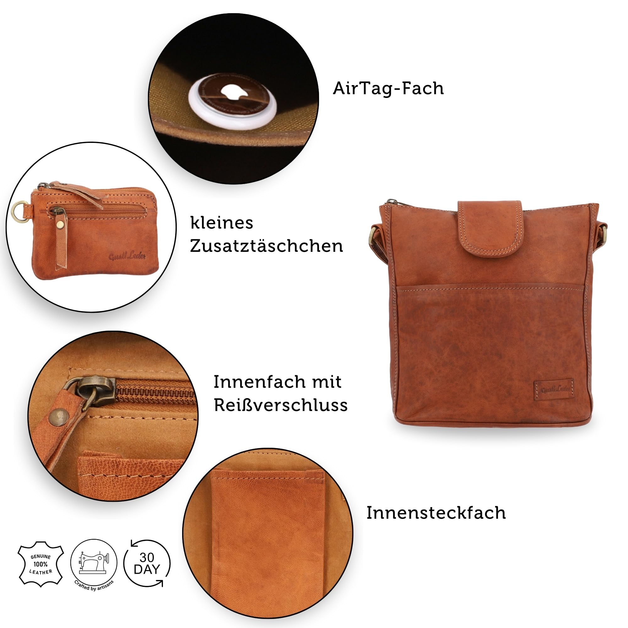 Gusti Leder Umhängetasche - Jaqueline S Vintage Shopper Leder, Crossbody Bag Damen aus echtem Ziegenleder, verstellbarer Riemen, Braun