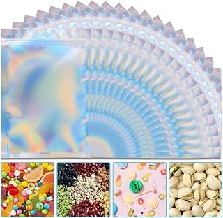 ANZNKU 50 Pack Holographic Bags, 5" x 7" Resealable Small Baggies, Foil Pouch Rainbow Color Packaging Bags for Small Business, Plastic Zipper Bag for Food Storage Candy & Jewelry Packaging