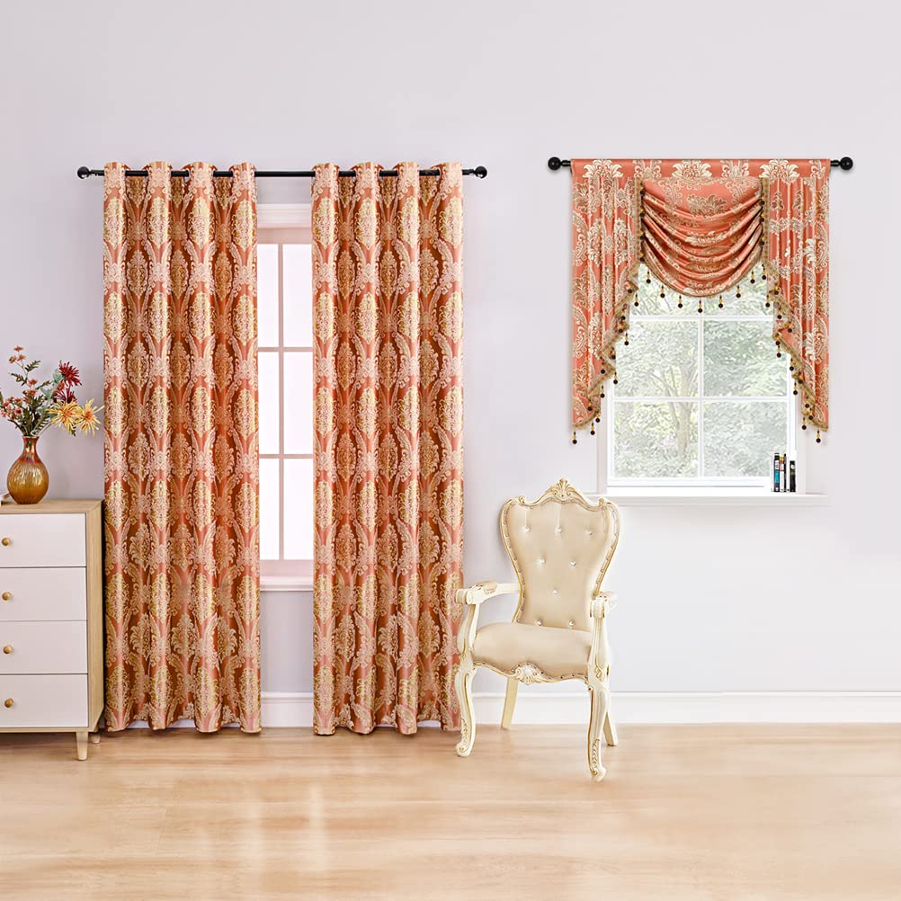 ELKCA Golden Jacquard Single Swag Waterfall Valance for Living Room Damask Coffee Curtain Valance for Kitchen W39 Inch 1 Panel product thumbnail 4