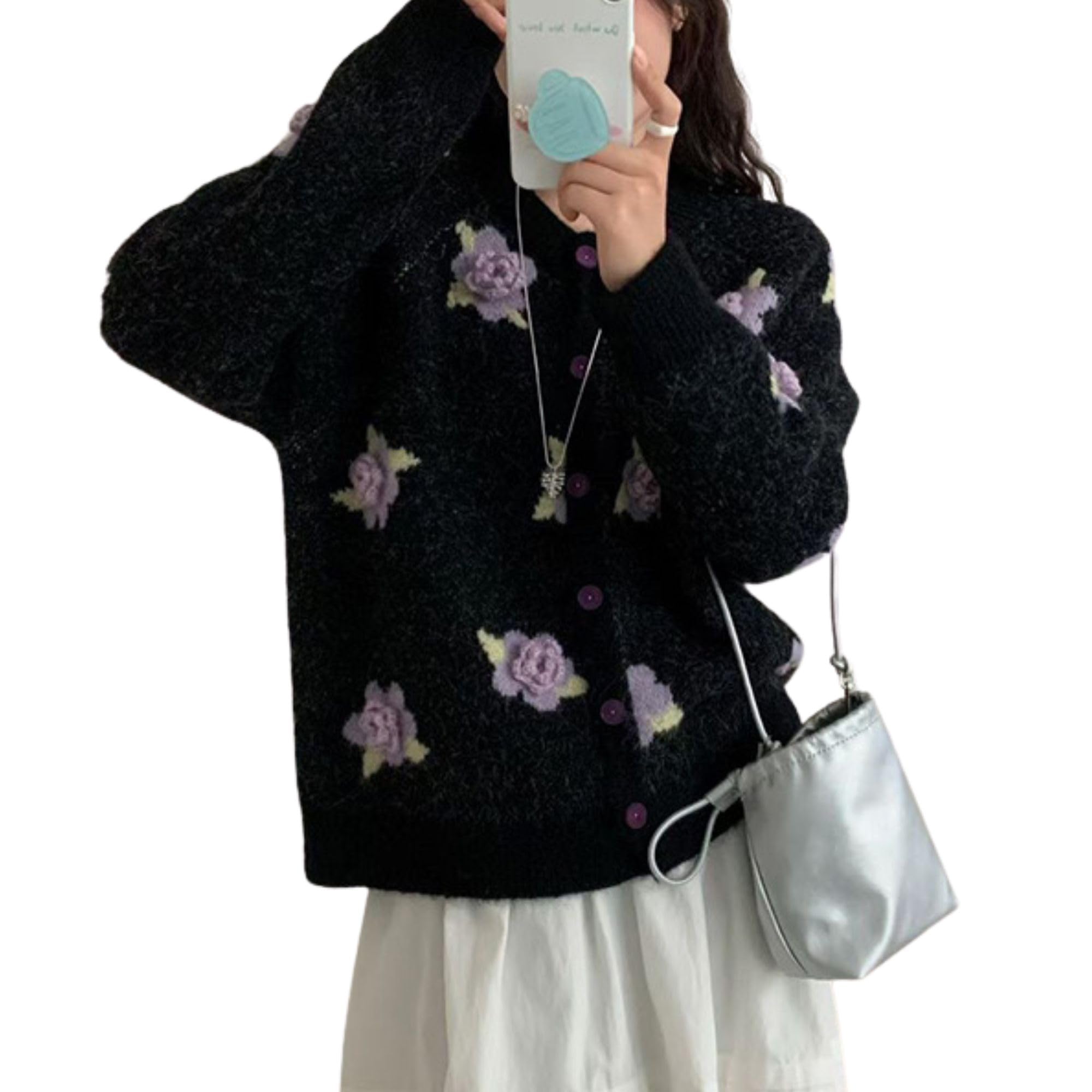 FindThy Womens 3D Floral Crochet Cardigan Sweater Cute Sweet Crewneck Long Sleeve Button Down Knit Outerwear Tops