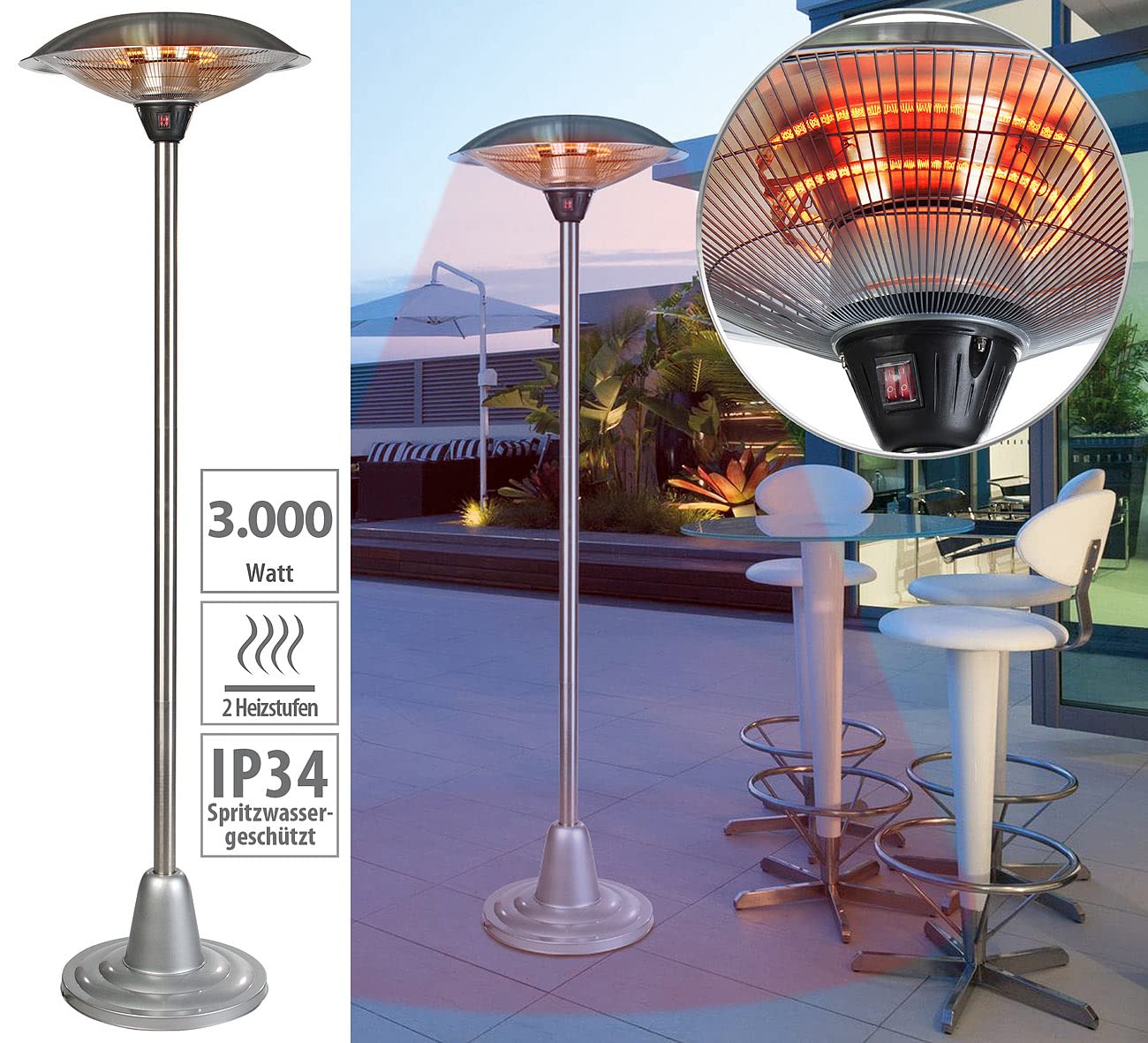 Semptec Urban Survival Technology OSH-3000 Riscaldatore elettrico da esterno a piantana 3000 W IP34 con ruote