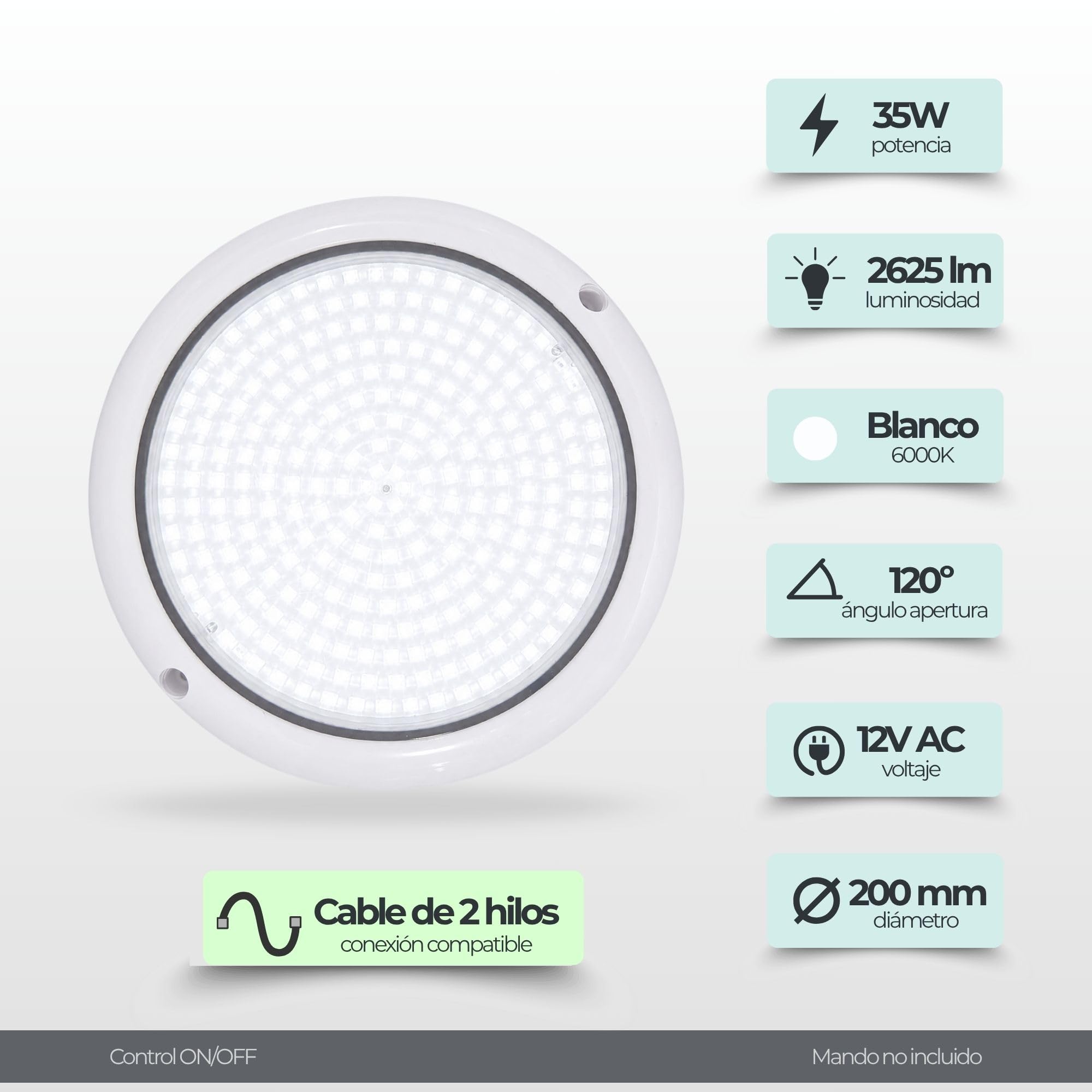 SWIMHOME Warmpool Foco LED para Piscina de Superficie Extraplano 35W Blanco Frío 6000K IP68 Resina 12V AC Ø 20 cm