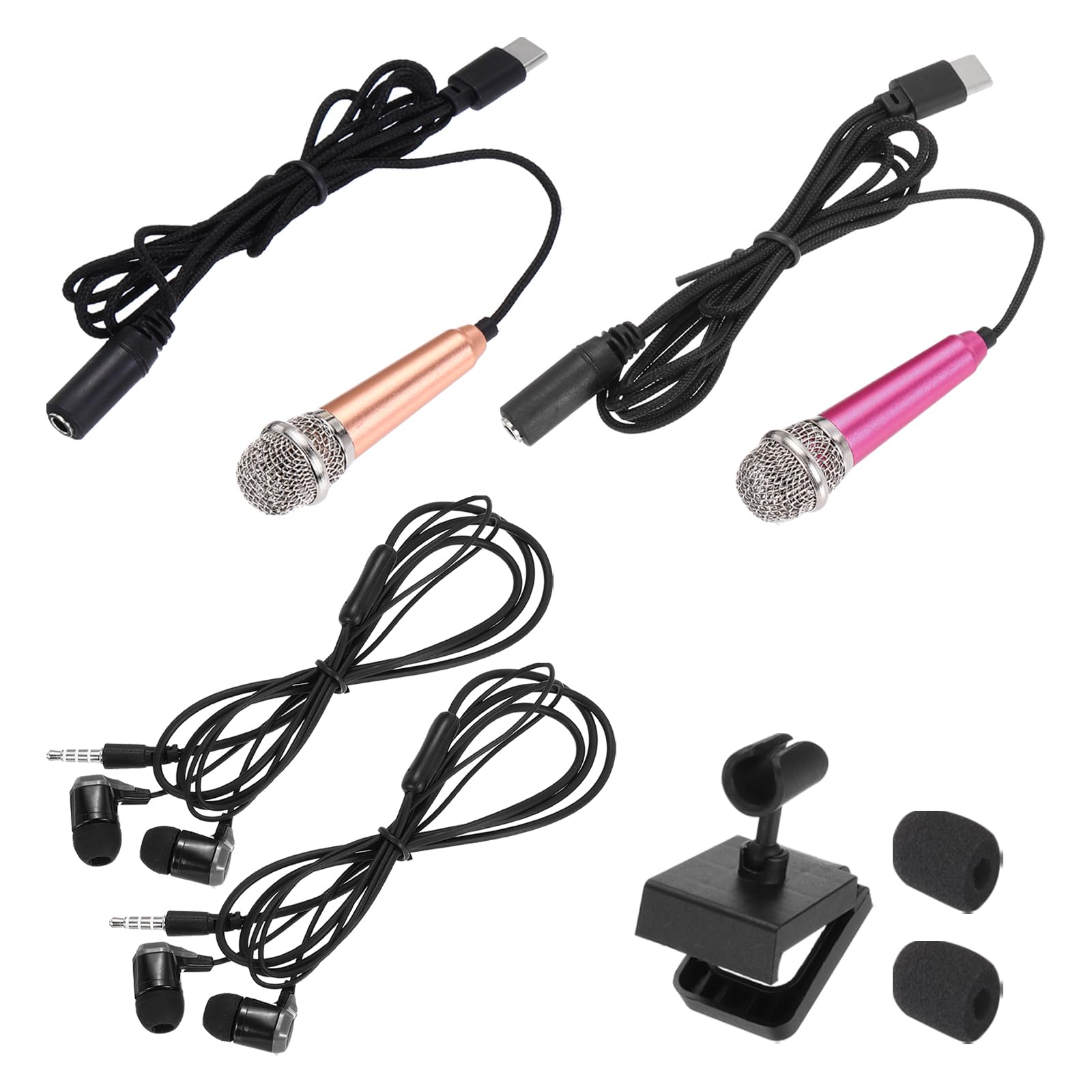 MECCANIXITY 2 Pcs Mini Microphone, Mini Mic Tiny Microphone Phone Type C Mic Small Microphone with Bracket, Sponge Cover, Earphones for Record Phone Voice, Gold/Hot Pink