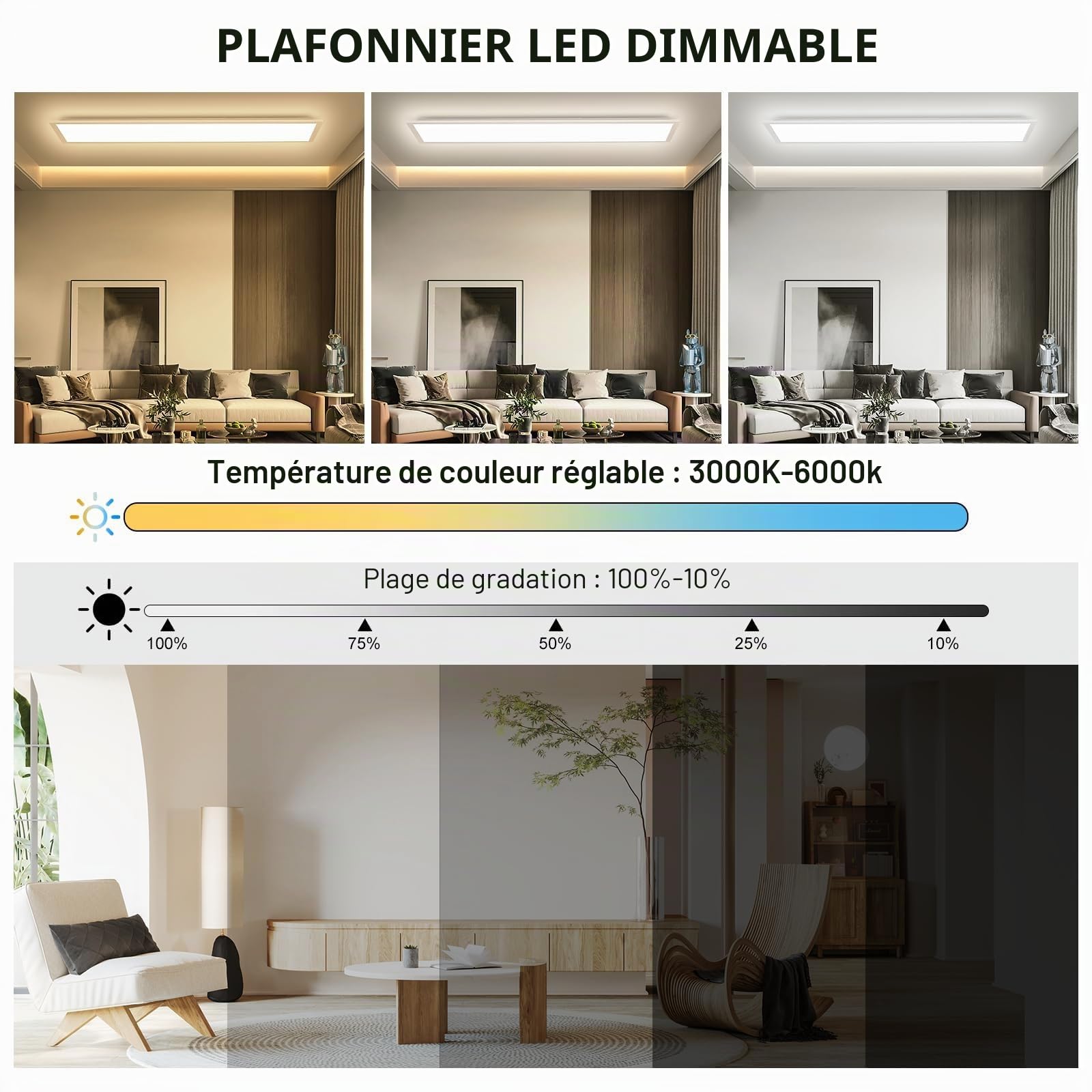 Panneau de plafonnier à LED, 100x25cm plafonnier plat à intensité variable avec télécommande, lampe de panneau de plafond 30W avec fonction de mémoire, 2700K-6500K panneau d'éclairage à LED
