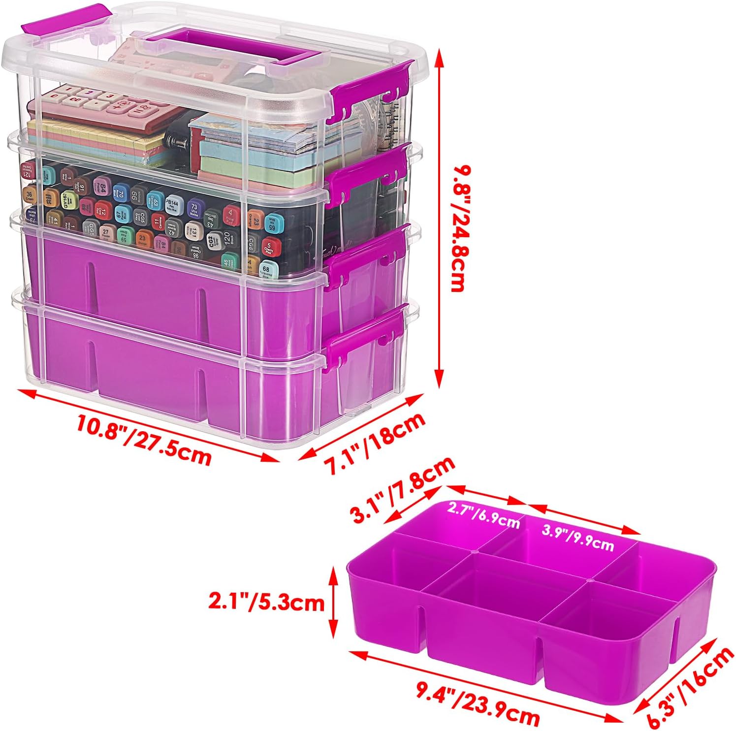 JUXYES 4-Tiers Stack Carry Storage Box With 2 Divided Tray, Transparent Stackable Storage Bin With Handle Lid Latching Storage Container for School & Office Supplies, Purple