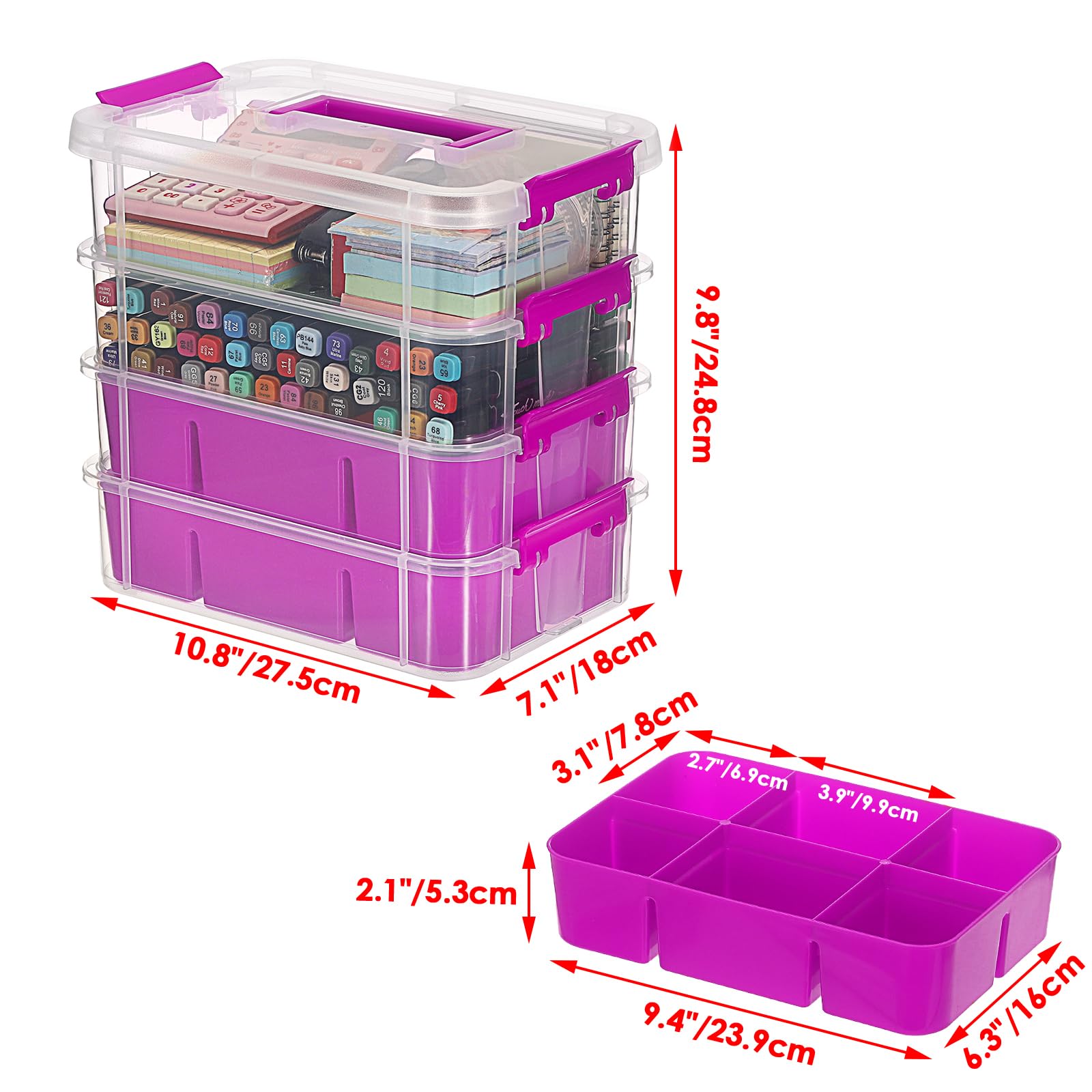 JUXYES Scatola portaoggetti impilabile a 4 ripiani con 2 vassoi divisi, contenitore trasparente impilabile con coperchio a scatto, contenitore per scuola e ufficio, viola
