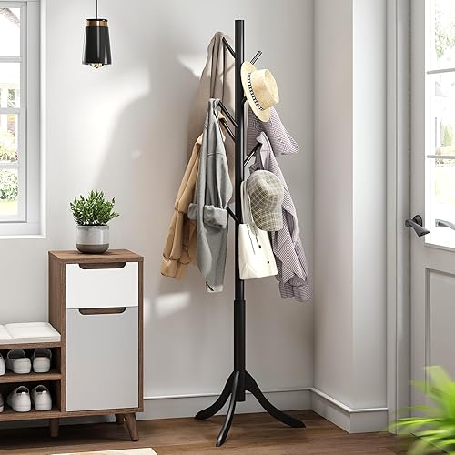 Miniatura 8 de Black Coat Rack Stand, Bamboo Wood Freestanding Coat Tree with 8 Hooks, Hallway Entryway Hat Hanger Organizer Standing for Bedroom, Office, Clothes,
