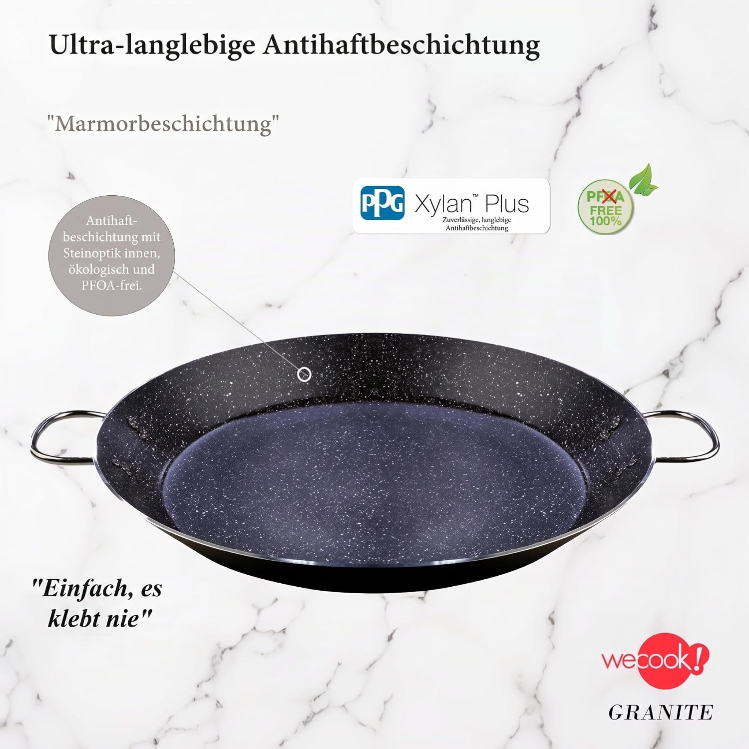 WECOOK! Granit Paellapfanne Induktion, 46 cm, 12 Portionen, Aluminium, Antihaftbeschichtung XYLAN PLUS ohne PFOA, 3 mm Dicke, geeignet für alle Herdarten, Glaskeramik, Gas, spülmaschinenfest.