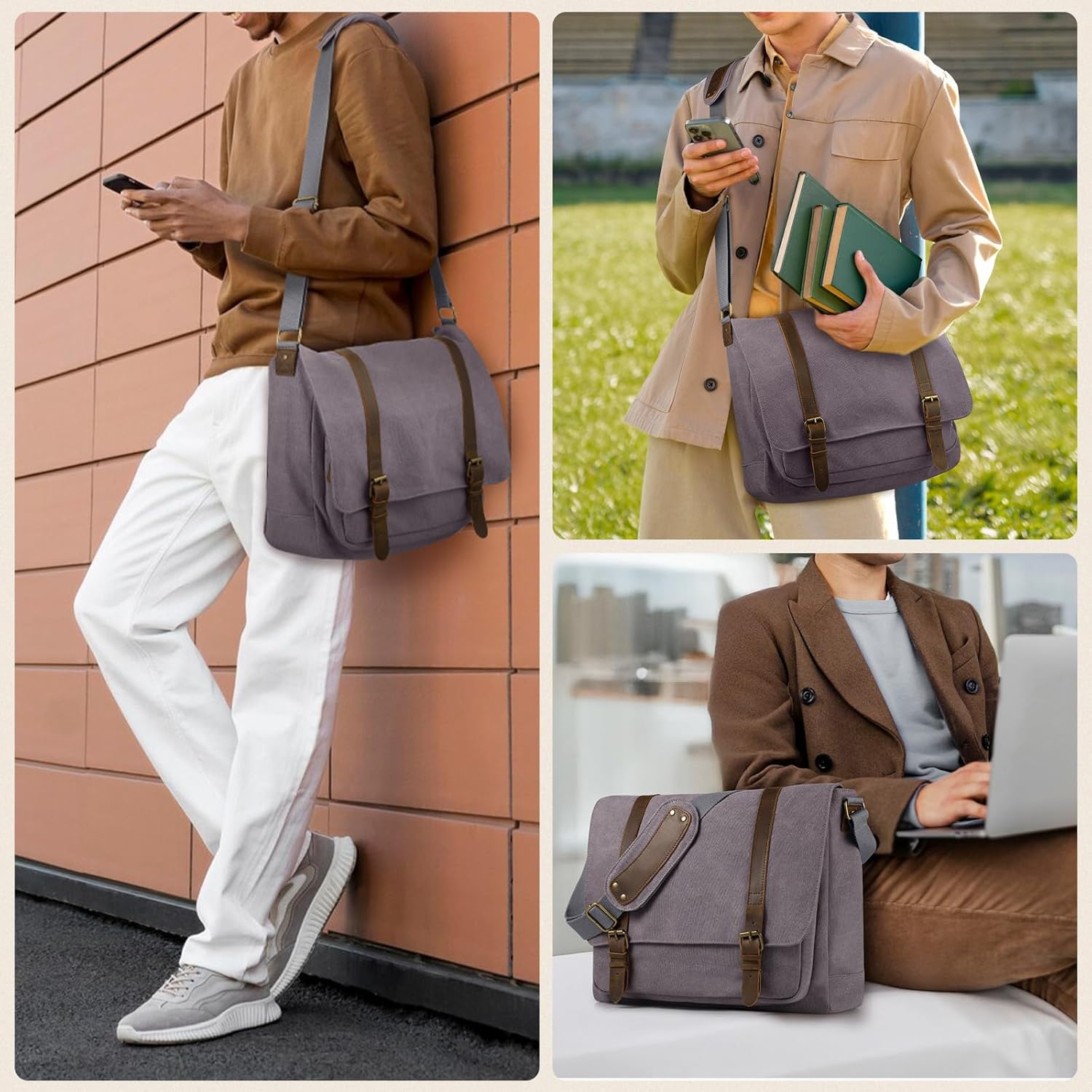 SMRITI Vintage Canvas Messenger Bag for Men 15.6-16 inch Laptop bag,Computer Satchel Shoulder Bag for School Work Travel (Grey)
