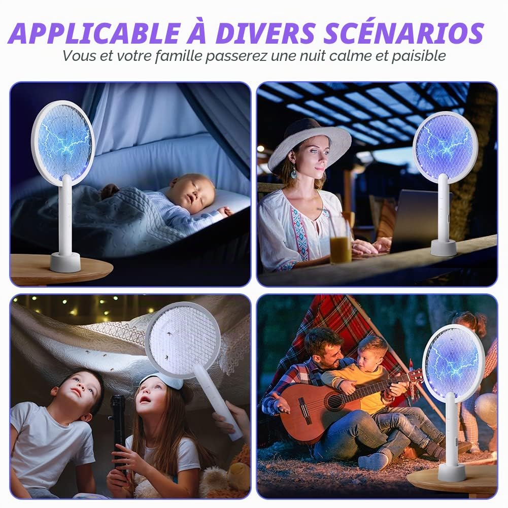 Flintronic Raquette Electrique Insectes, 3000V Raquette Anti Moustiques Électrique avec USB Base de Charge, 3 Couches Protection en Maille et Lumière de Nuit LED, Tapetteà Mouche Electrique
