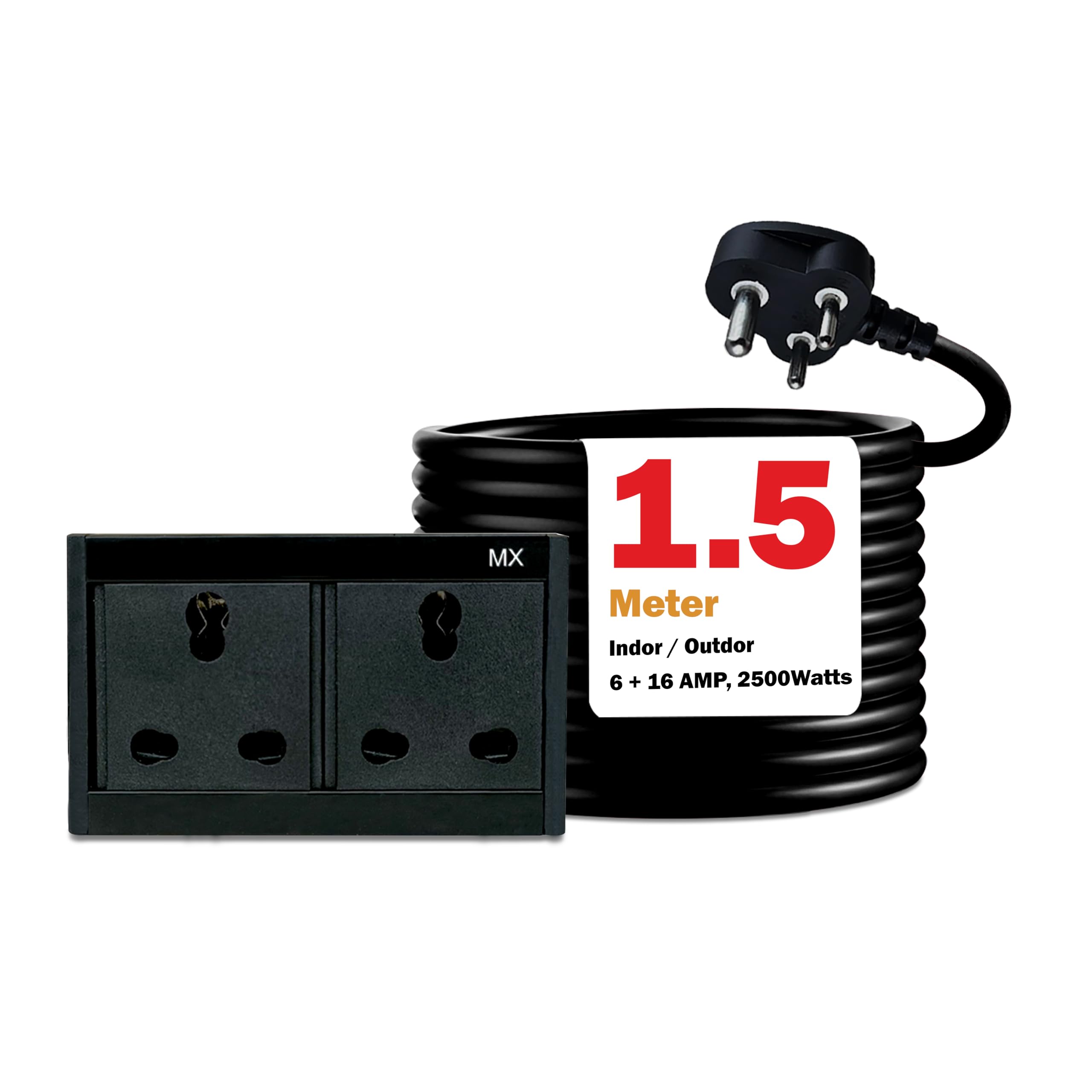 MX Extension Board Dual Outlet 250W, 16A/6A Heavy Duty Socket, ISI Marked 16A Power Cord, Child Safety Shutter, Flame Retardant Metal Body (1.5 Meter)-image-32