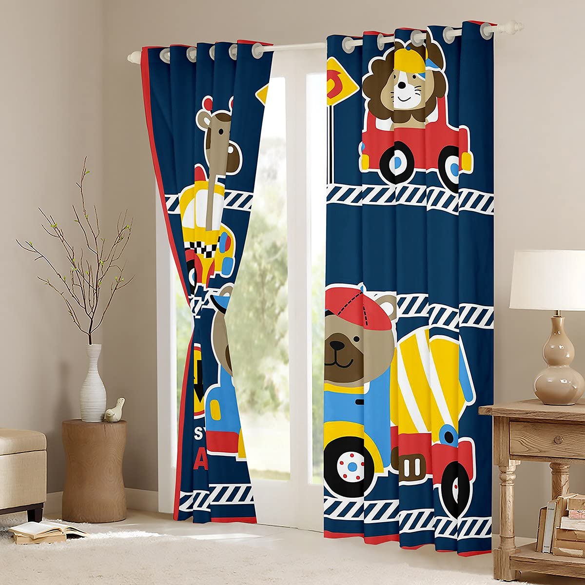 Loussiesd Kids Cartoon Cars Window Curtains for Bedroom Living Room Busy Road Curtains Cute Animal Driver Window Drapes for Boys Girls Children Colorful Toddler Vehicles Window Treatments W46*L54 - Image 3