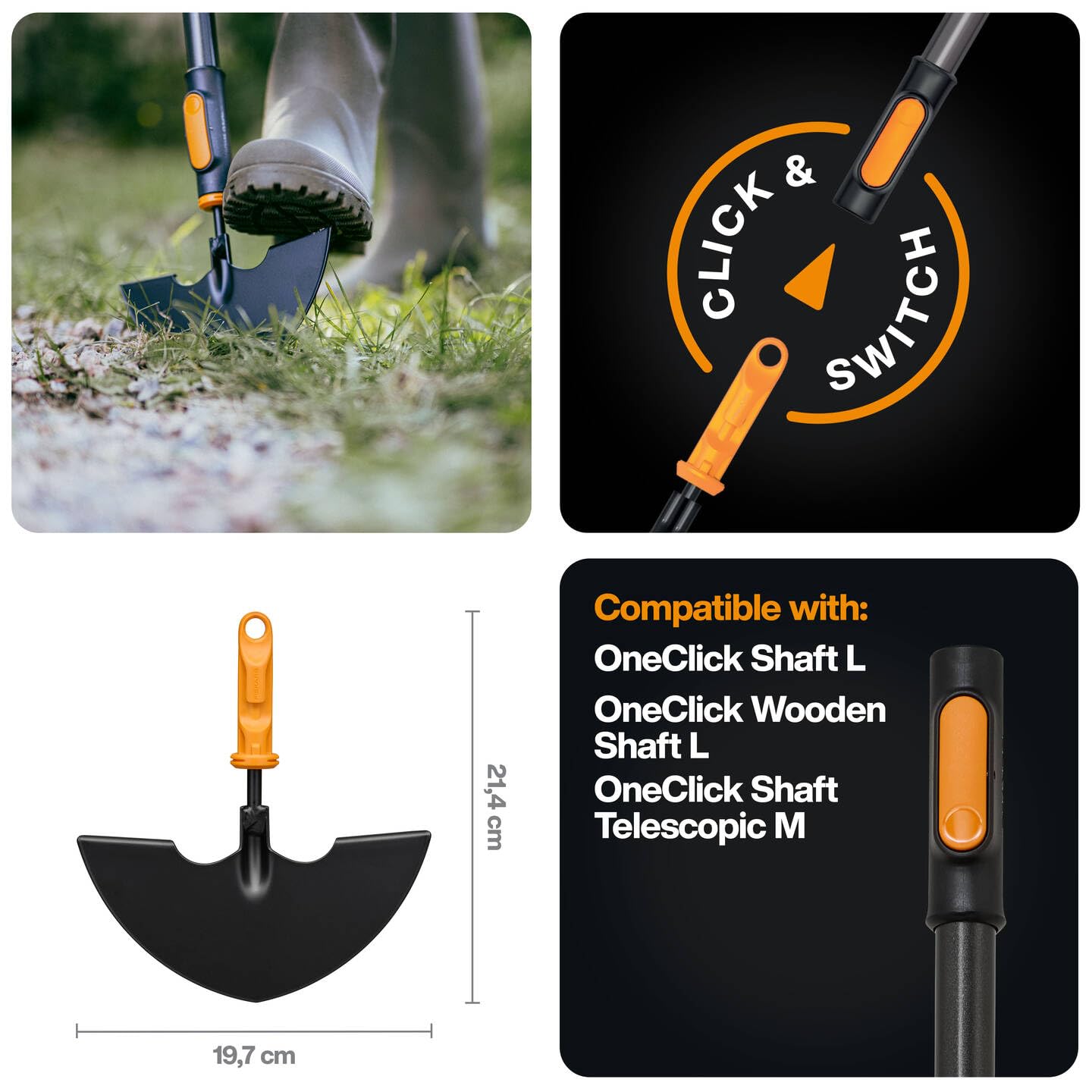 Fiskars OneClick Rasenkantenstecher, Aufsatz für saubere Rasenkanten, Müheloses Wechseln mit nur einem klick, Langlebige Borstahlklinge, Schwarz/Orange, 1080689