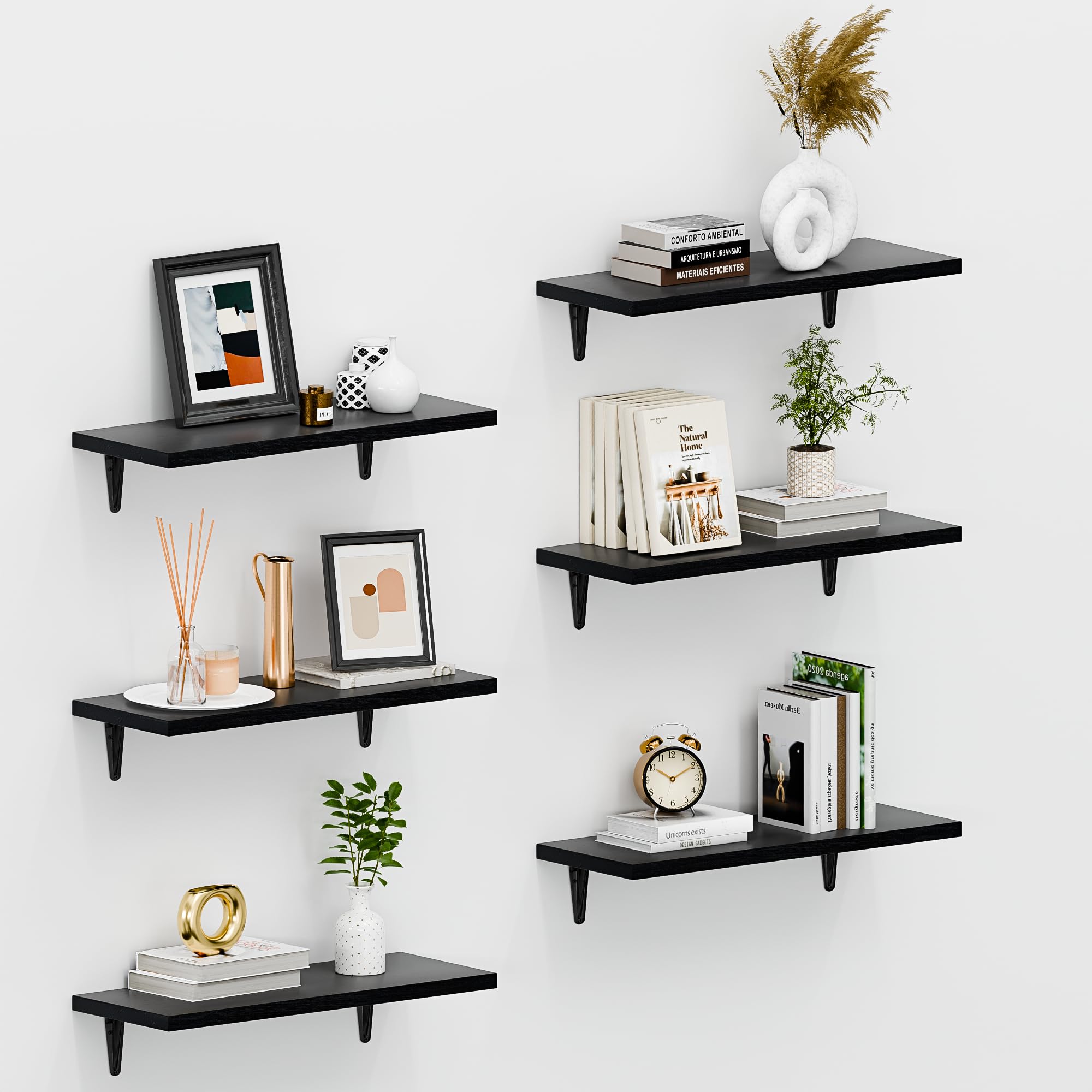 SKYSEN Floating Shelves for Wall Set of 6, 15.7in Wood Wall Shelf for Decor, Bathroom, Bedroom, Storage, Book,Kitchen, Living Room - Black(fs-40-b)