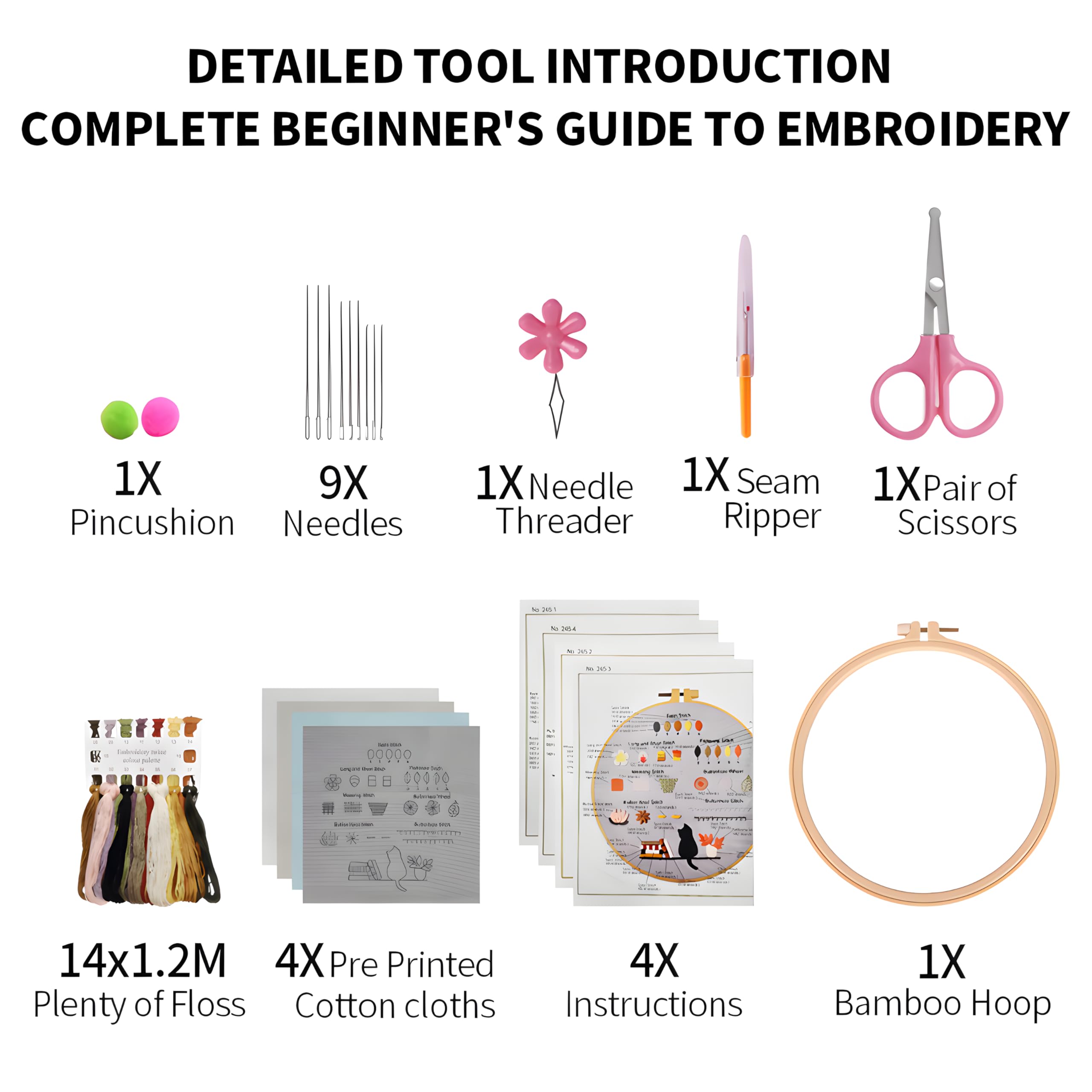 4 Pack Embroidery Kit for Beginners Adults DIY Starter Kit with Stamped Patterns,Embroidery Hoop,Colorful Threads,Tools,Step by Step Instructions&Video Tutorial,Needlepoint Kits,Hand Craft Lover Gift