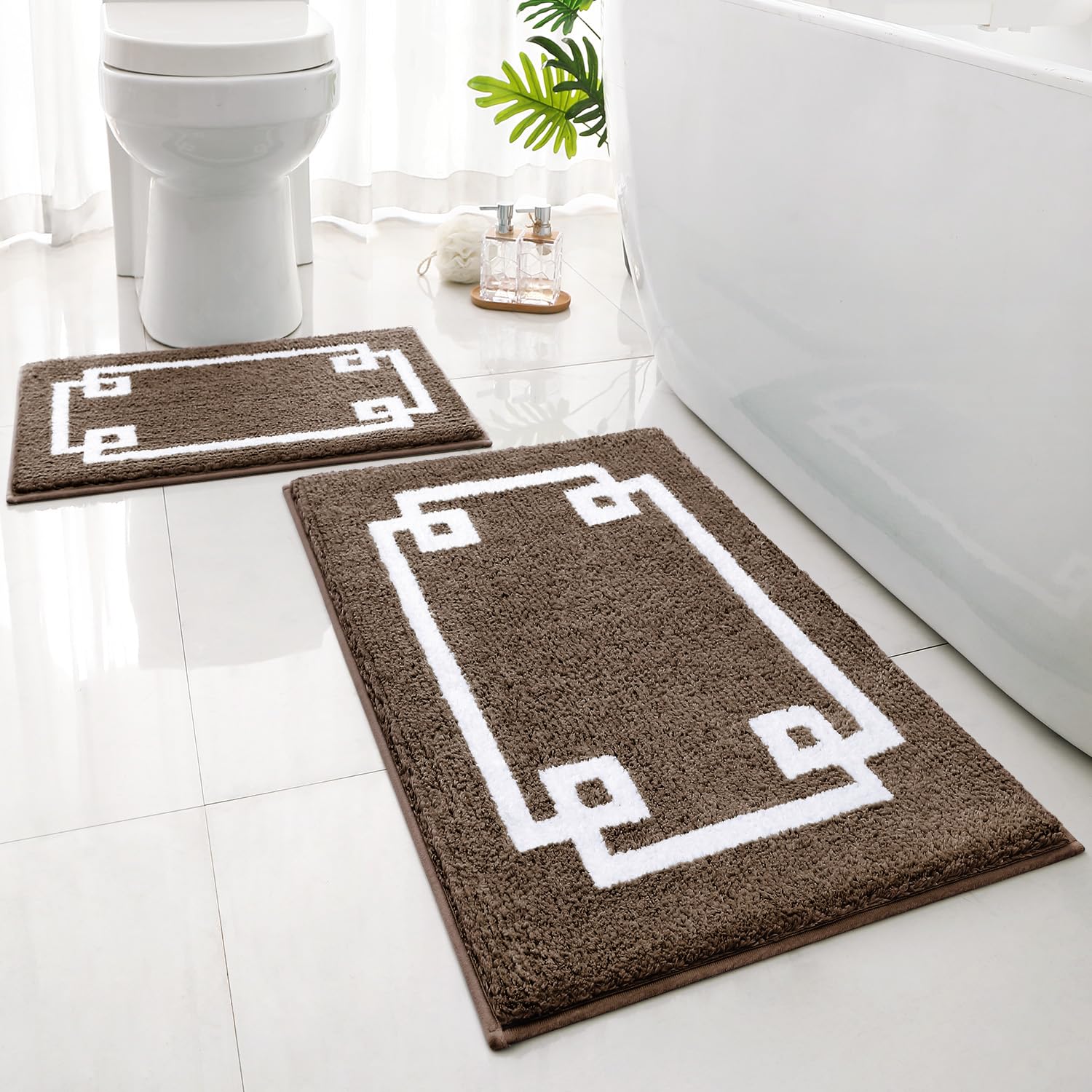 HOMEIDEAS Bathroom Rugs Sets 2 Piece, Soft and Water Absorbent Microfiber Carpet, Non-Slip Washable Bath Mats (20"x32"+16"x24", Brown and White)