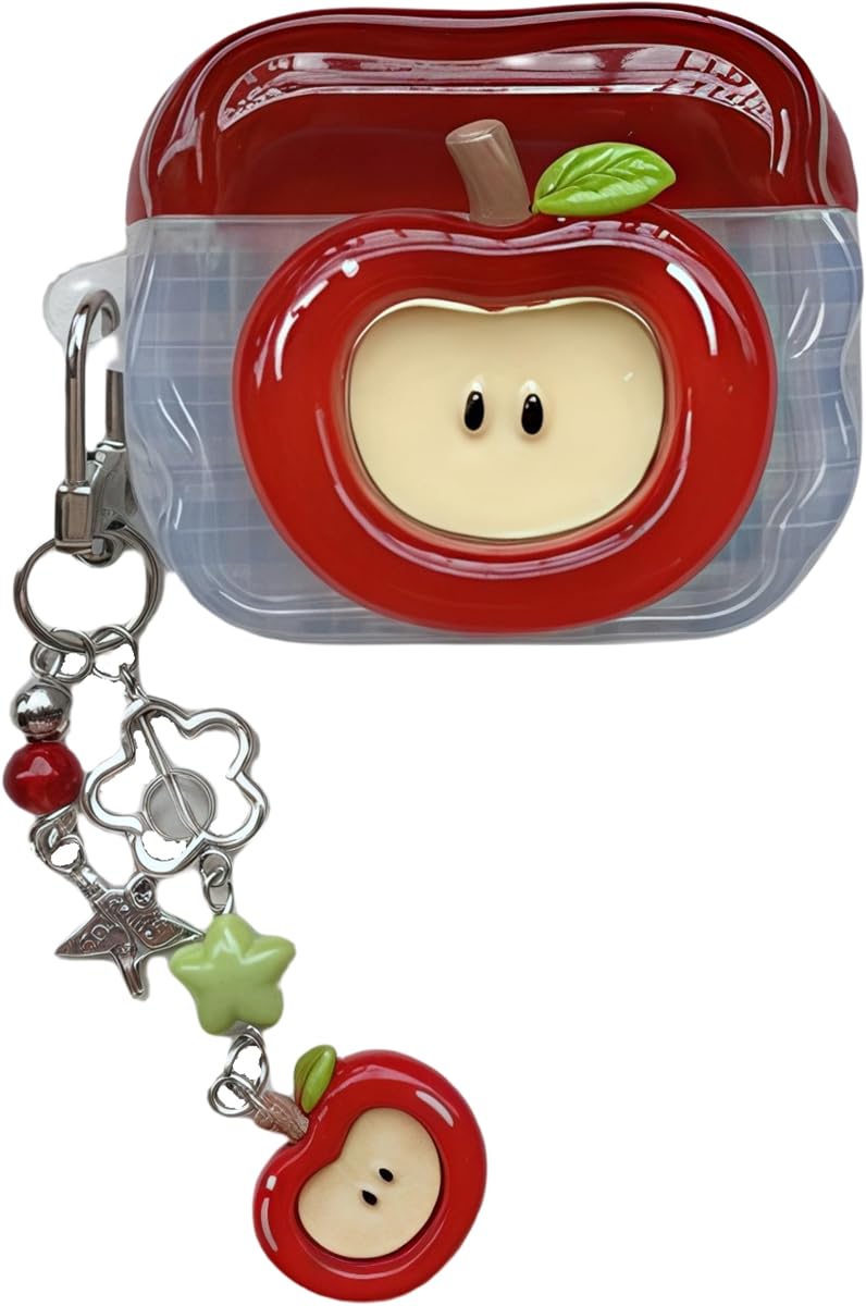 for AirPods 4 Case with Keychain Cute 3D Red Apple Pattern Design Soft Silicone Cover for Women Girls Anti-Fall Shockproof Protective Case for AirPods 4th Generation