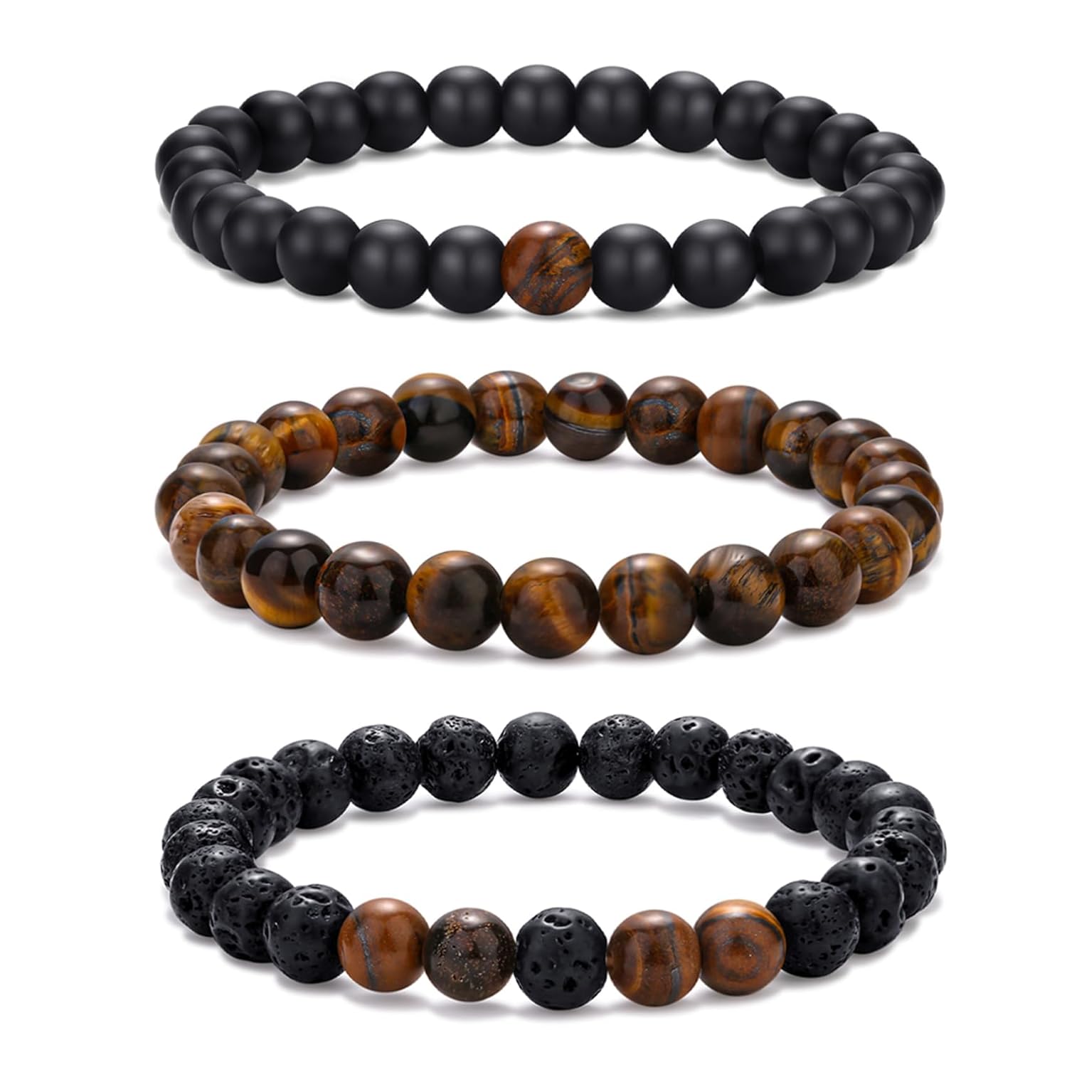 Crgwxzl Mens Beaded Bracelet Cross 8MM Natural Stone Bracelet Set Stretch Tiger Eye Lava Rock Bracelets for Men