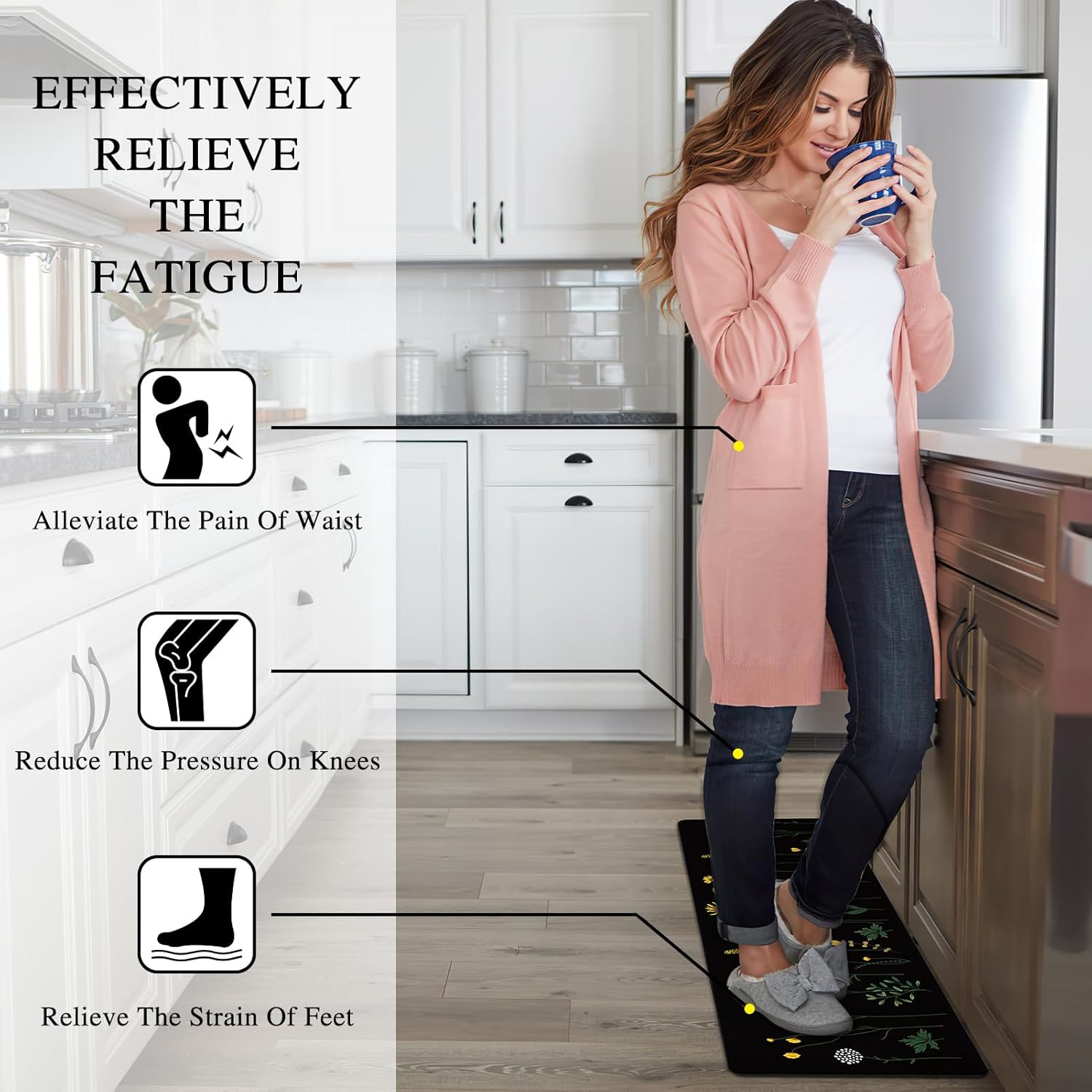 Rempry Colorful Floral Kitchen Mat for Floor, Non Slip Kitchen Rugs and Mat Set of 2, Waterproof Cushioned Anti Fatigue Kitchen Mat, 17"x47"+17"x29", Black