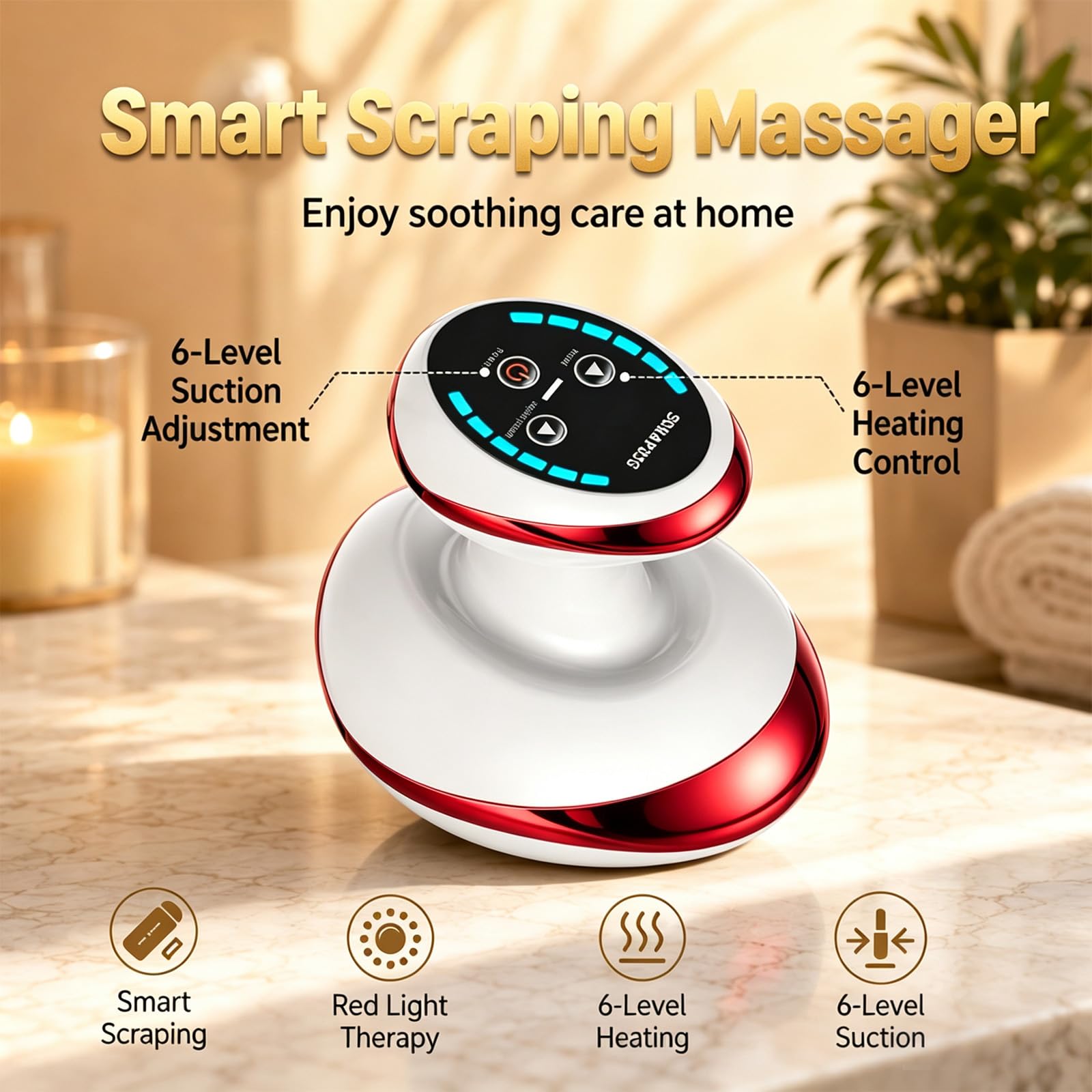 Masajeador eléctrico GuaSha 4 en 1, 6 niveles de succión y 6 niveles de calor, masajeador al vacío con terapia de luz roja, dispositivo de masaje inalámbrico anticelulitis para espalda, hombros y