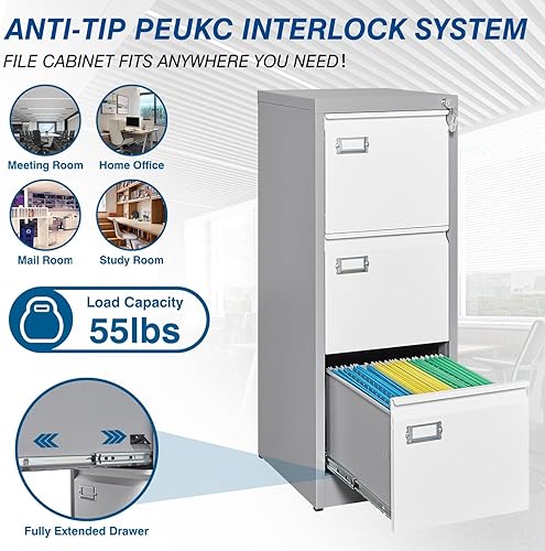 Miniatura 6 de PEUKC Archivador de 3 cajones con cerradura, archivadores verticales de 16.3 pulgadas de profundidad, archivadores de metal para oficina en casa, 3
