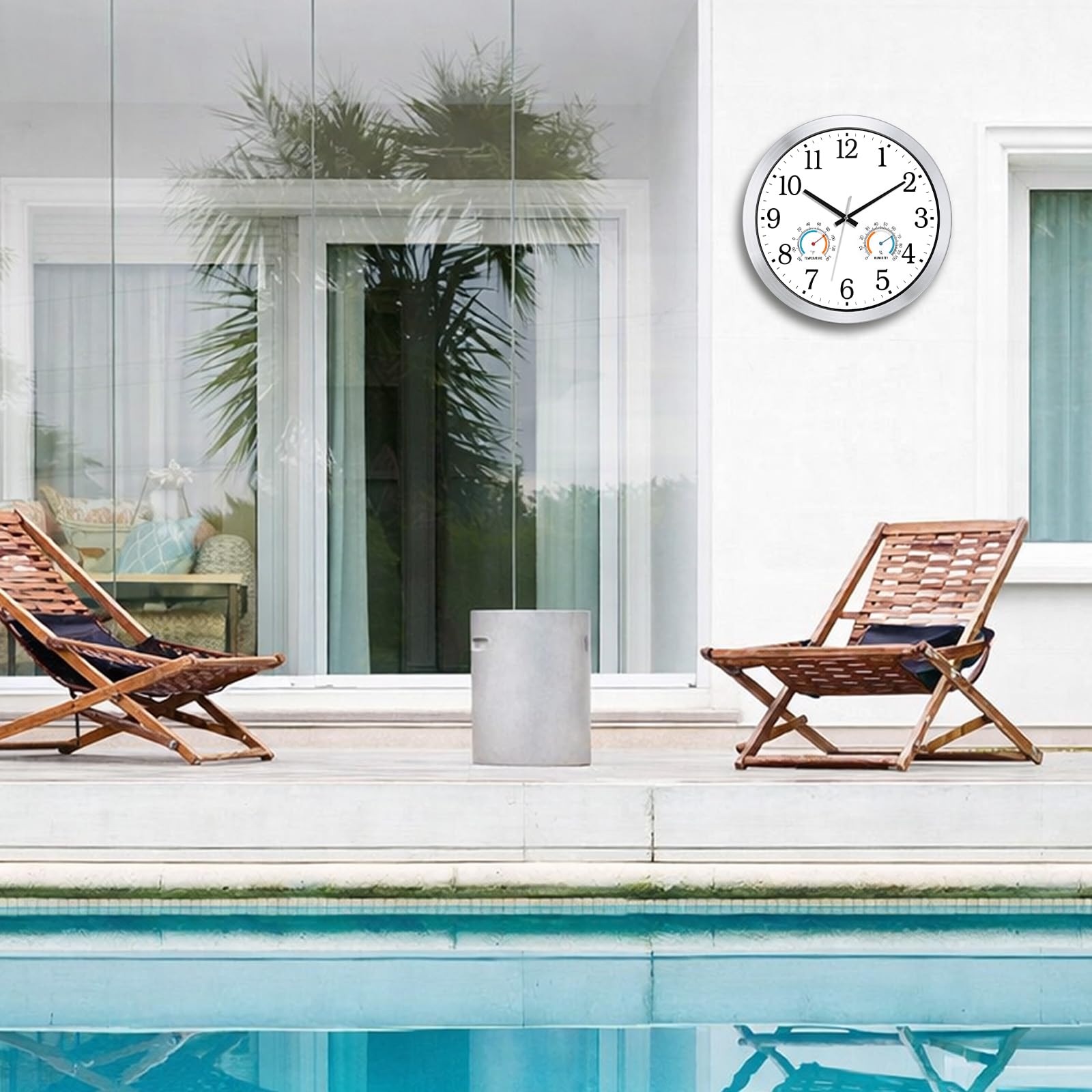 Caysie Horloges étanches pour intérieur et extérieur - 40,6 cm - Avec thermomètre et hygromètre - Silencieuse - Fonctionnement à piles - Horloge murale à quartz pour terrasse, piscine, salle de bain