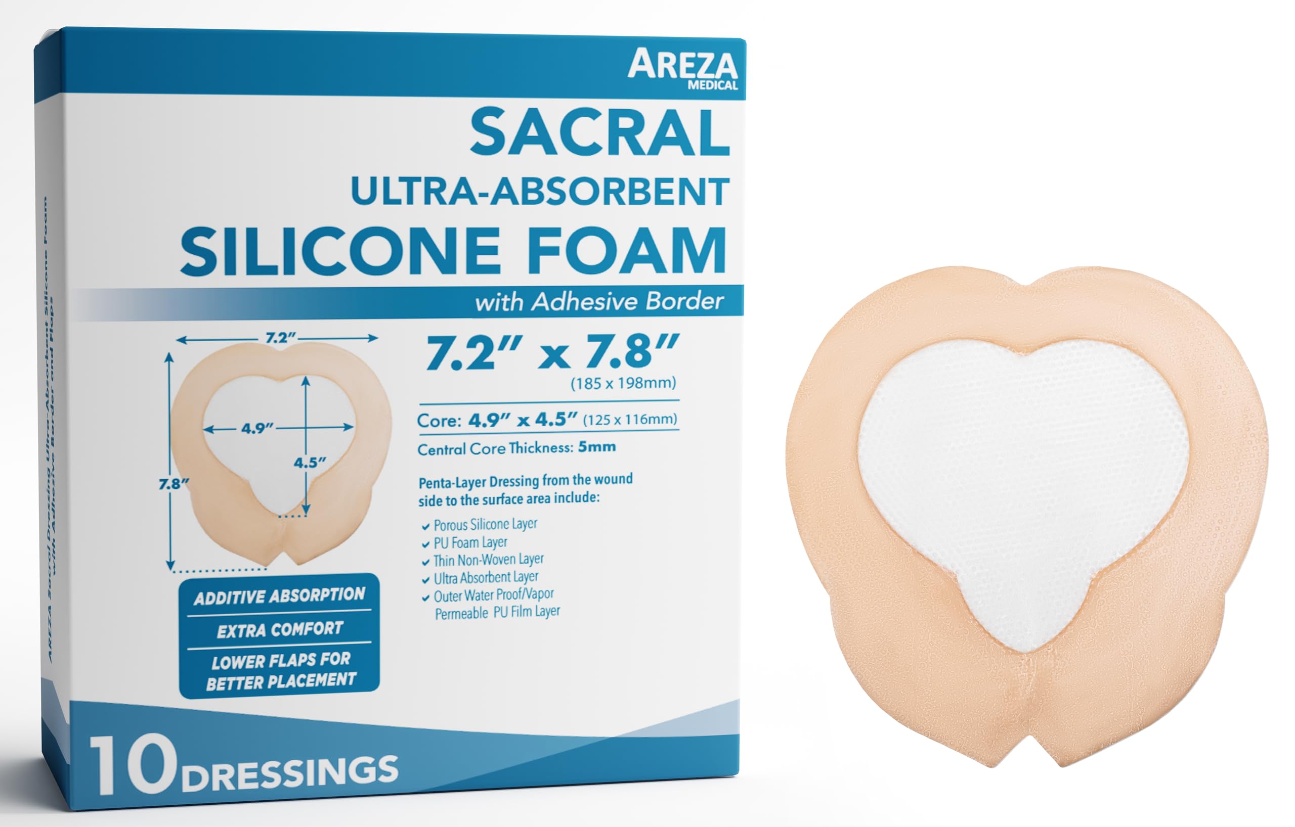 Areza Medical Sacral Dressing Ultra-Absorbent Silicone Foam with Adhesive Border and Flaps 7.2" x 7.8" 10 Per Box. Sterile