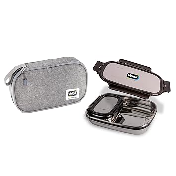 Stainless Steel Lunch Box - 2 Black Containers (1 Lunch Box Set (950ml + 180ml + Insulated Lunch Bag) |Washable Fabric | Leakage Proof Tiffin| Lunch Box for School (1130ml) Jumbo Combo