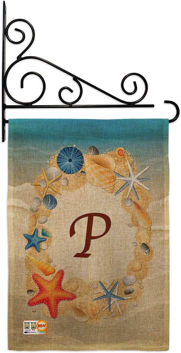 Summer P Initial Burlap Garden Flag Set Wall Holder Monogram Coastal Beach Tropical Sea Shells Ocean Sand Outdoor Coral Small Decorative Gift Yard House Banner Double-Sided Made In USA 13 X 18.5