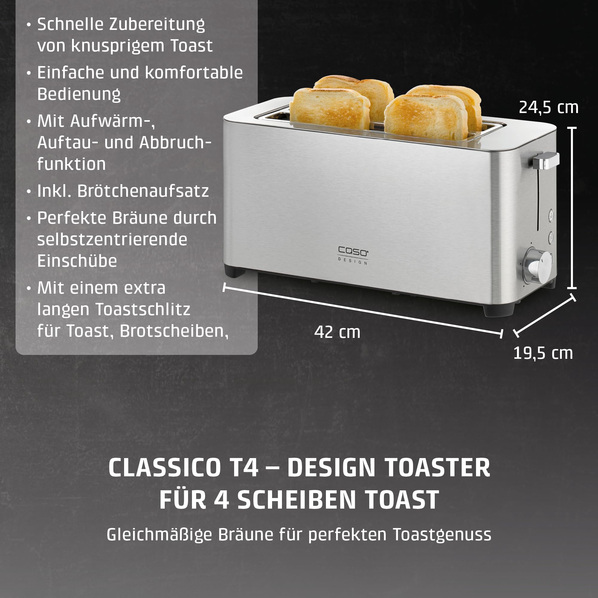 CASO Classico T 4 - Design Toaster, Testurteil: Sehr Gut, 5 Stufen, Inkl. Brötchenaufsatz, Mit zusätzlicher Aufwärm-, Auftaufunktion, für 4 Scheiben Toast